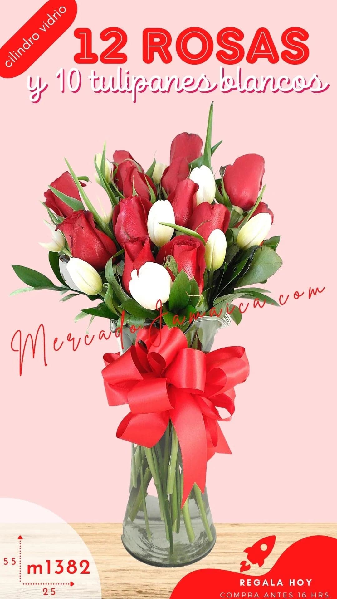 Arreglo 10 Tulipanes Blancos y 12 Rosas Rojas CDMX