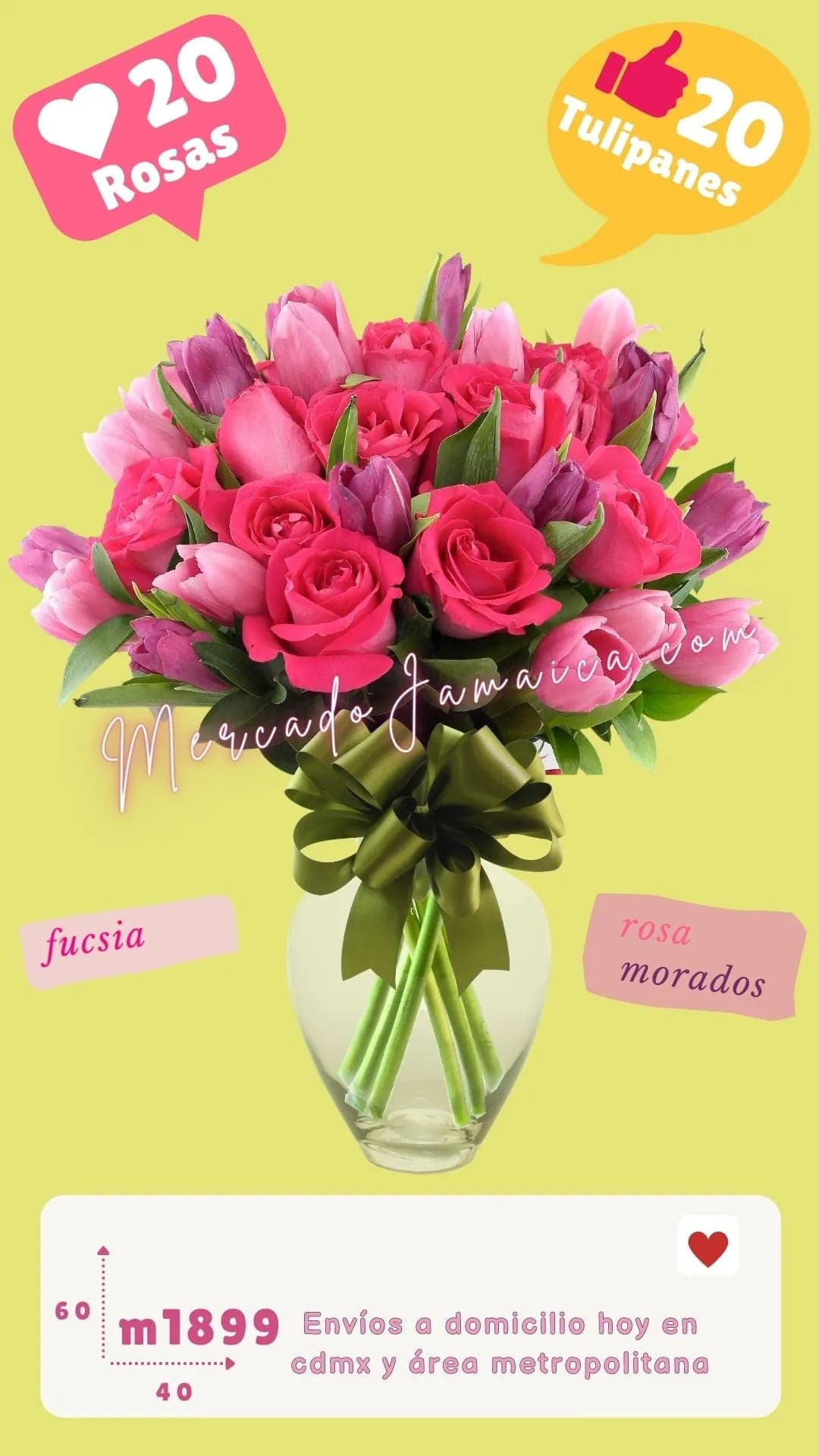 20 Rosas Fucsia y 20 Tulipanes en Base de Vidrio CDMX