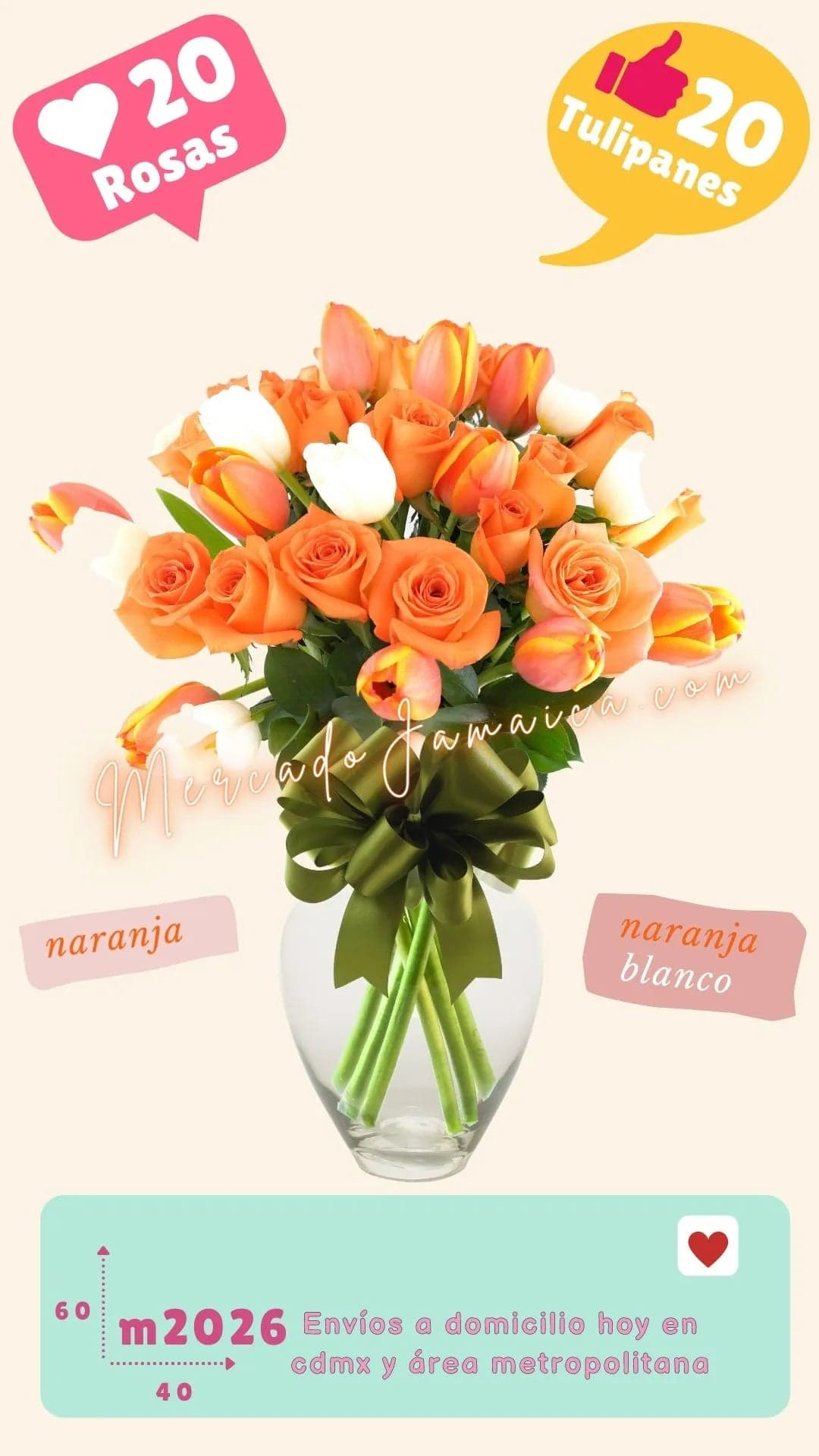 10 Tulipanes Naranja y 20 Rosas a Domicilio CDMX