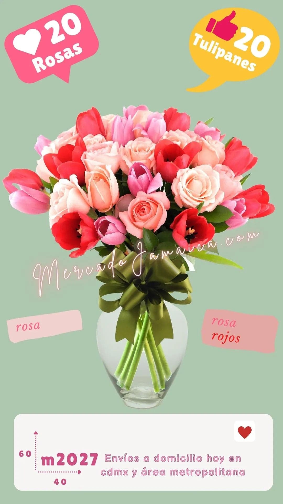 Arreglo 20 Rosas y 20 Tulipanes Rosa-Rojo CDMX