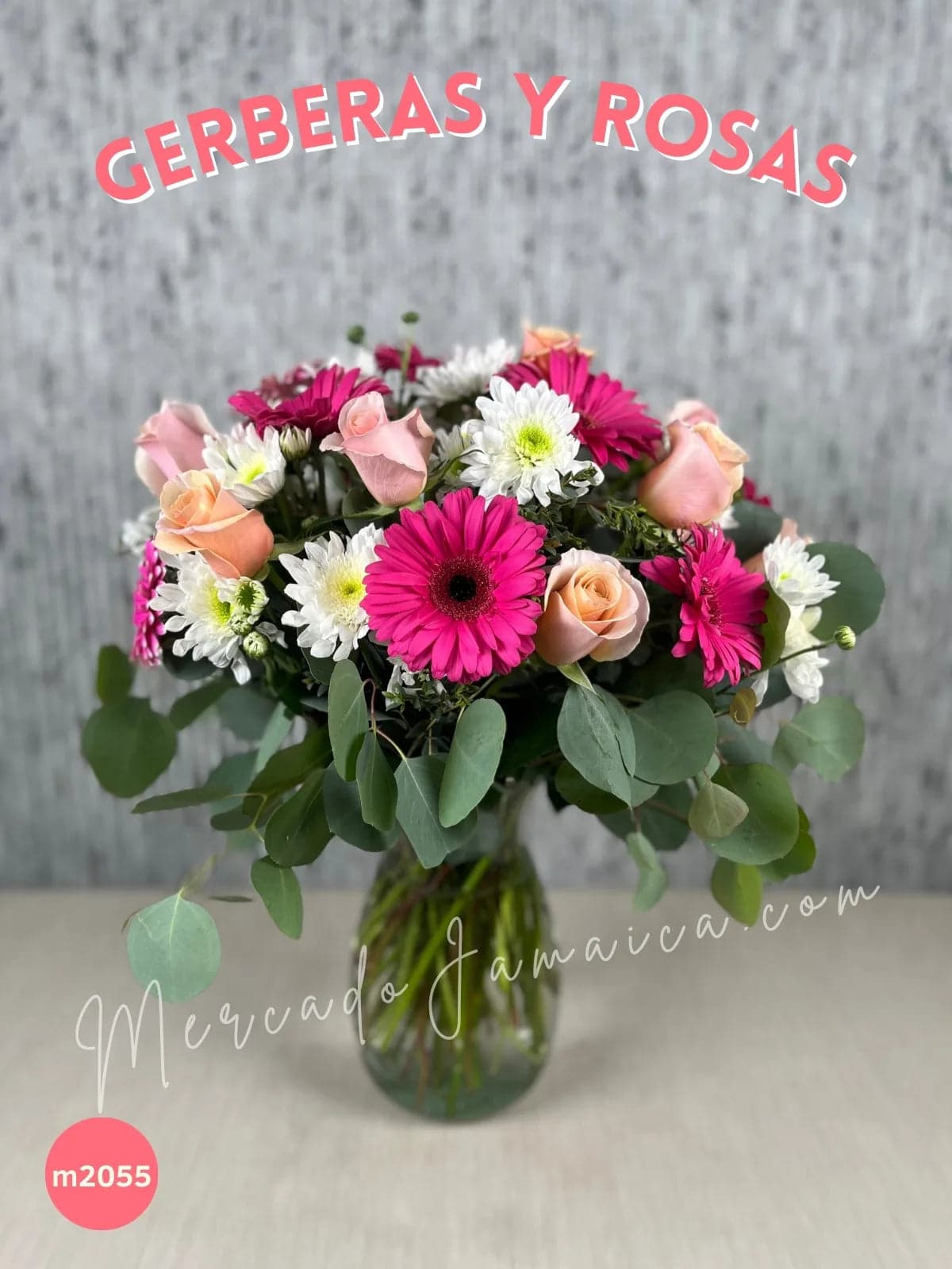 Arreglo 10 Gerberas Fucsia y Rosas en Florero CDMX