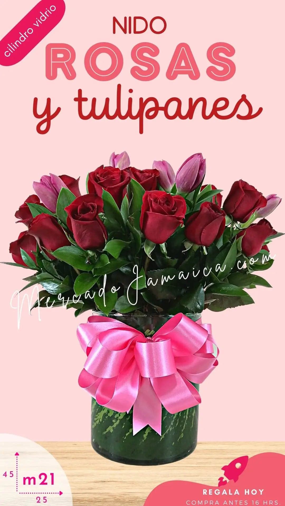 Arreglo 24 Rosas Rojas y 10 Tulipanes Rosa CDMX