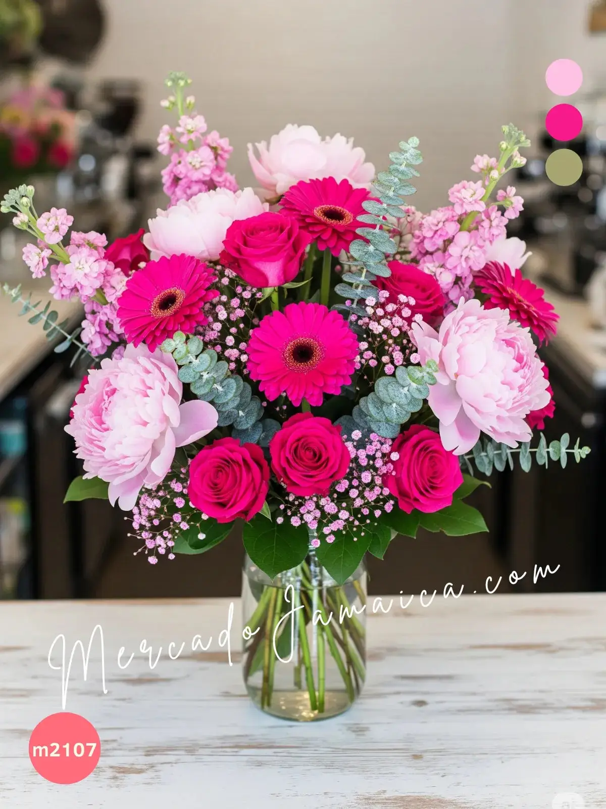 Arreglo Peonías, Gerberas y Rosas Fuchsia CDMX