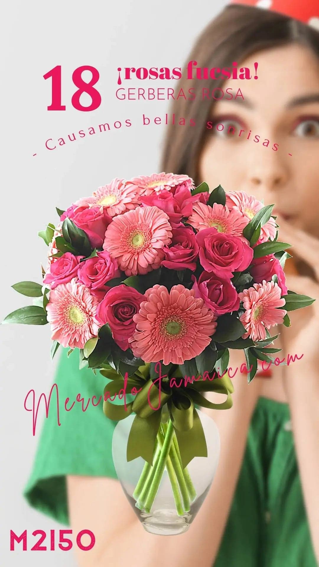 18 Rosas Fucsia y Gerberas Pink en Jarrón CDMX