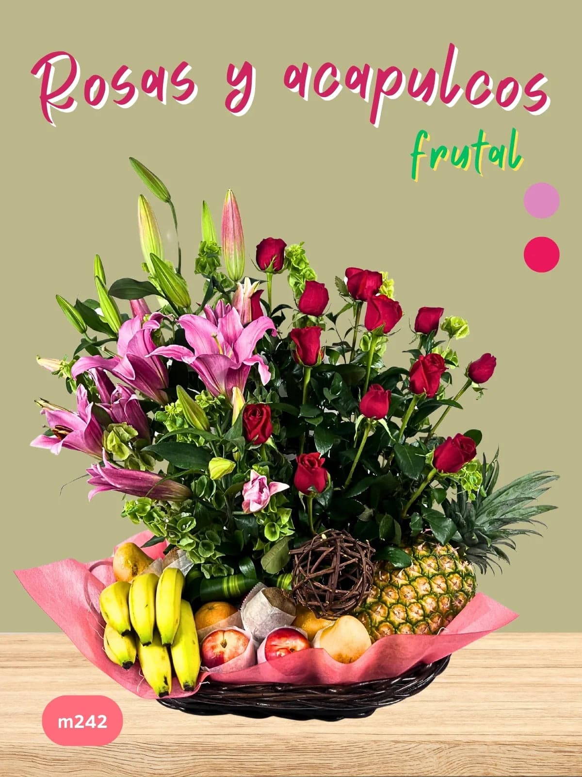 Canasta Frutal con Lilies Acapulco y Rosas CDMX