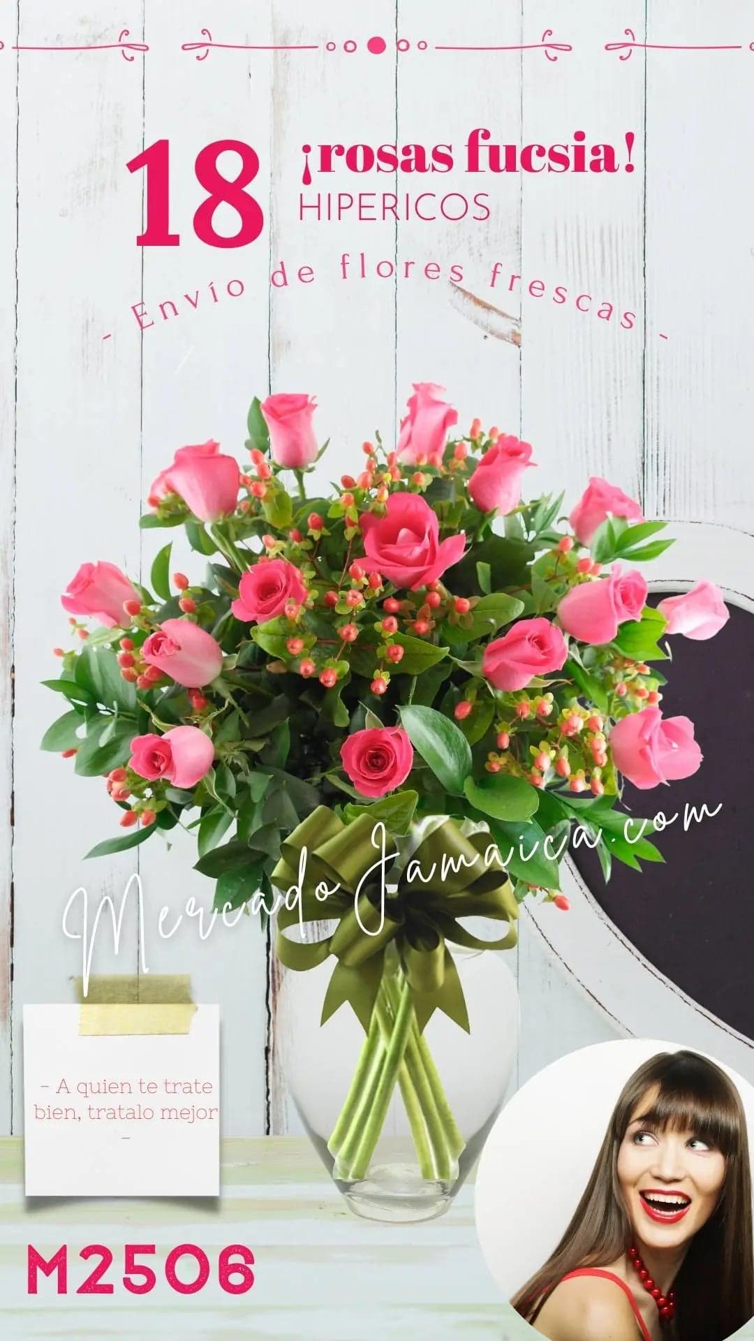 18 Rosas Fucsia con Hipéricos en Florero CDMX