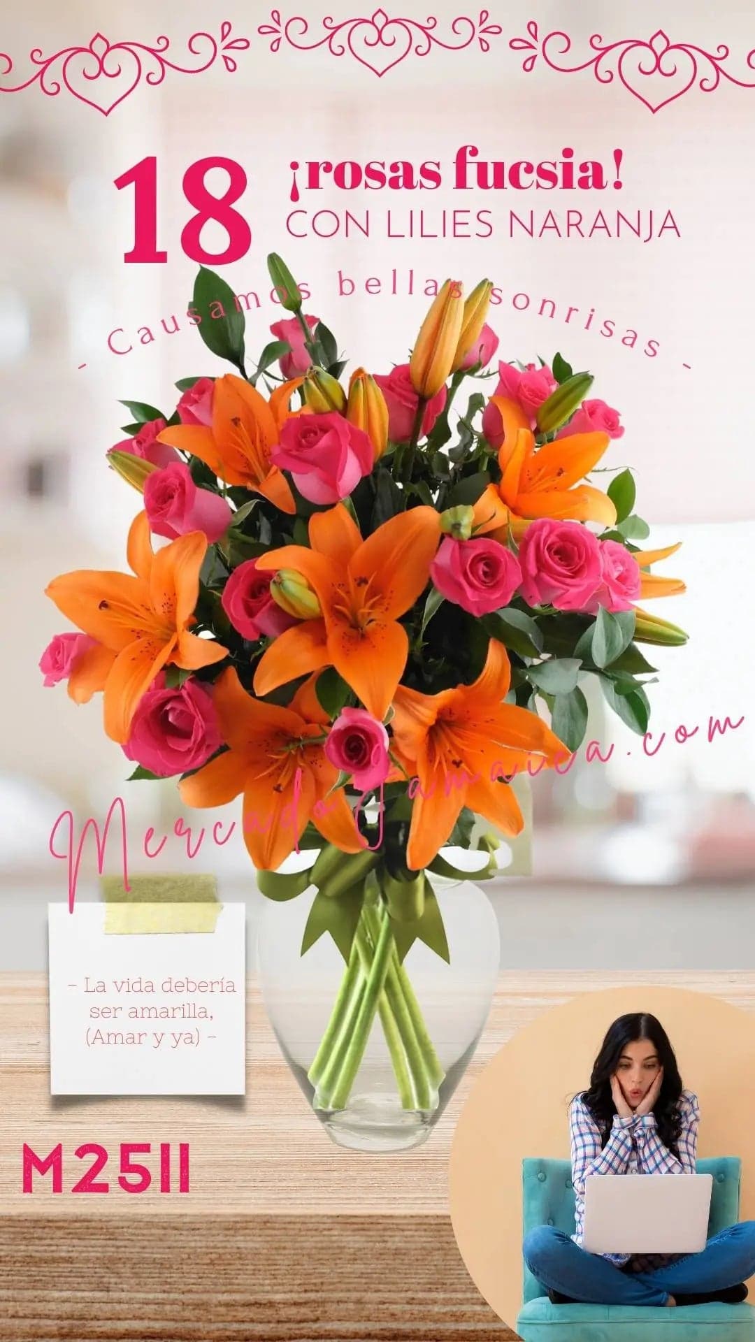 18 Rosas Fucsia con Lilies Naranja | CDMX