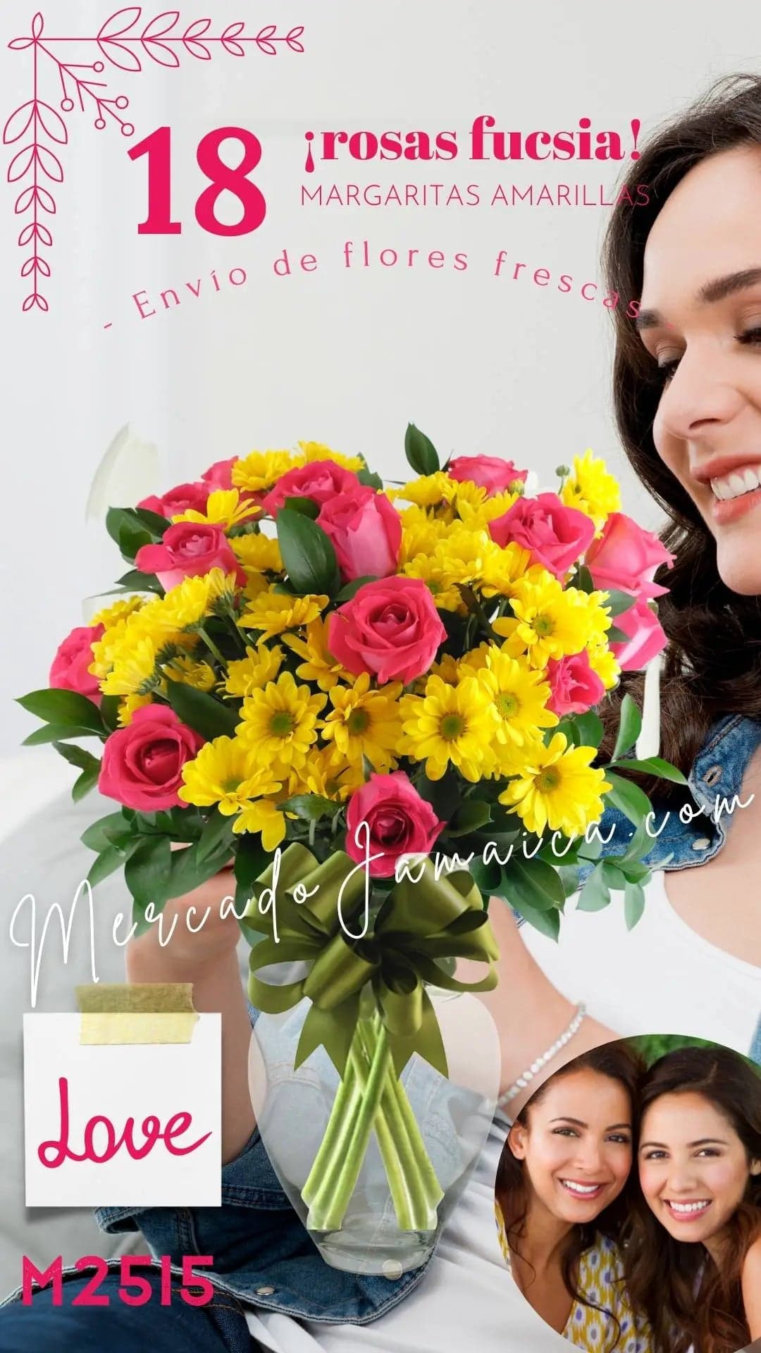 18 Rosas Fucsia con Margaritas Amarillas CDMX