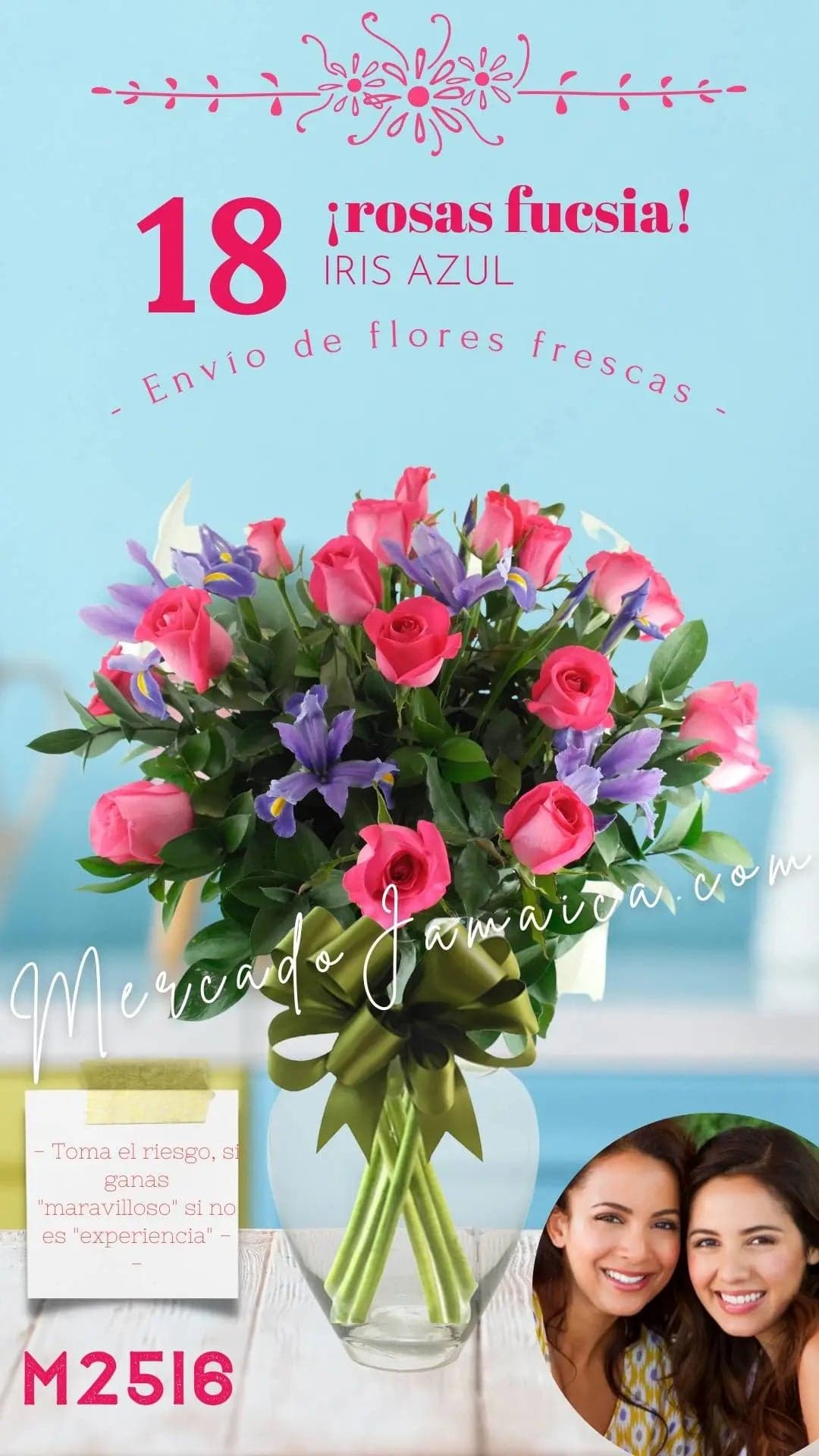 18 Rosas Fucsia con Iris Azul en Florero CDMX