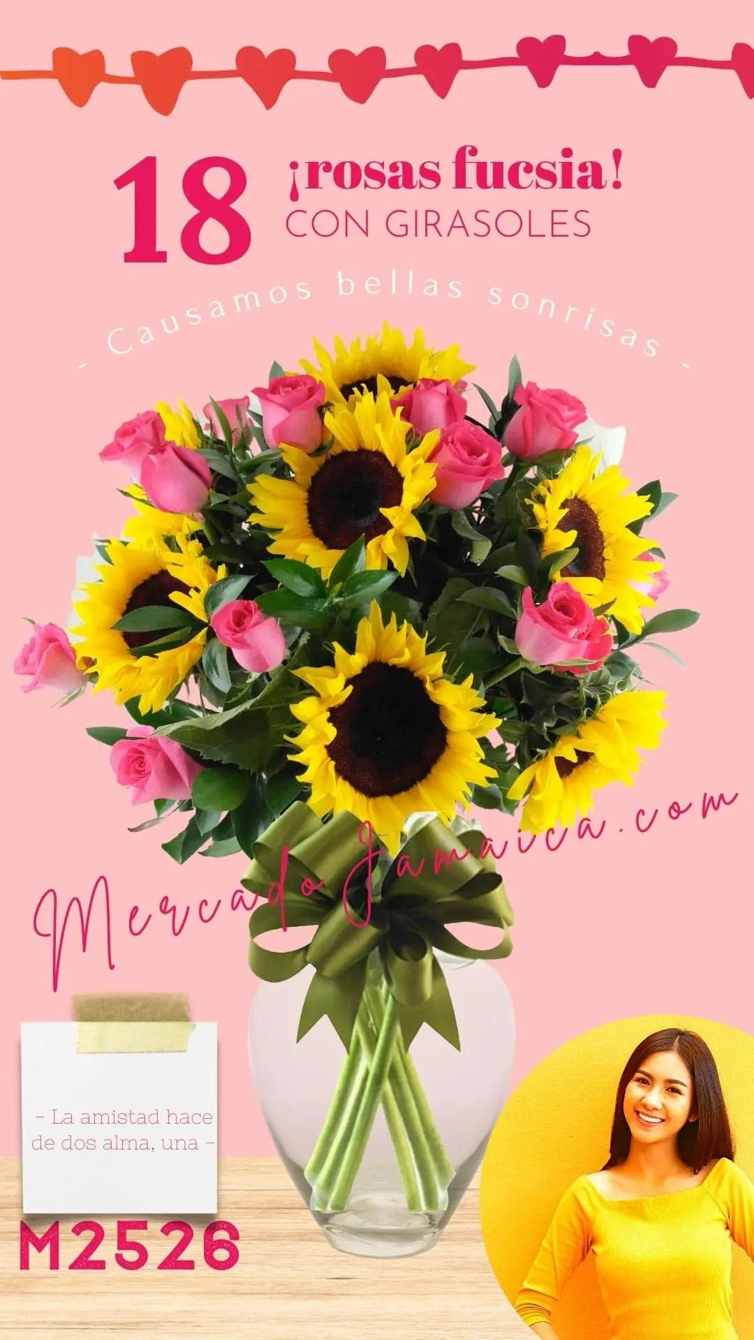 18 Rosas Fucsia con Girasoles en Florero CDMX
