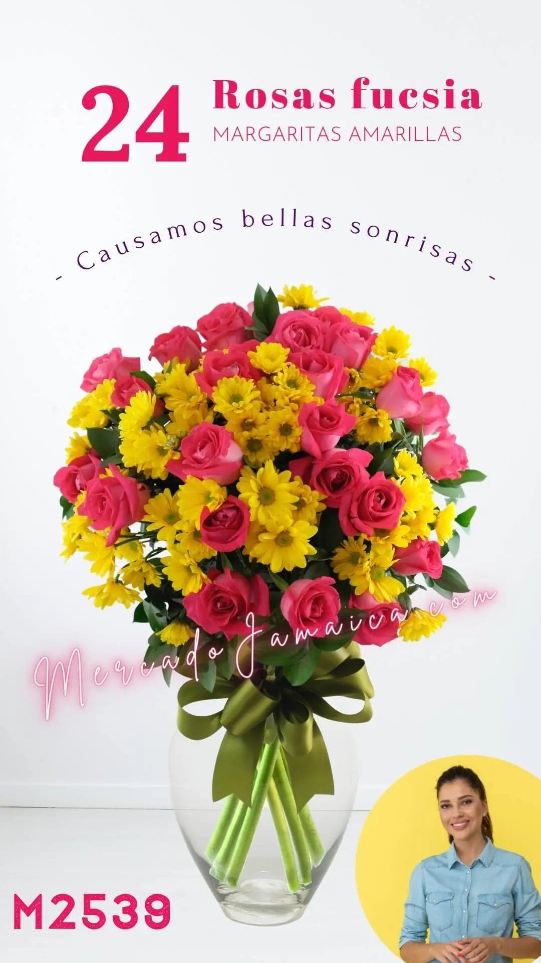 24 Rosas Fucsia con Margaritas Amarillas CDMX