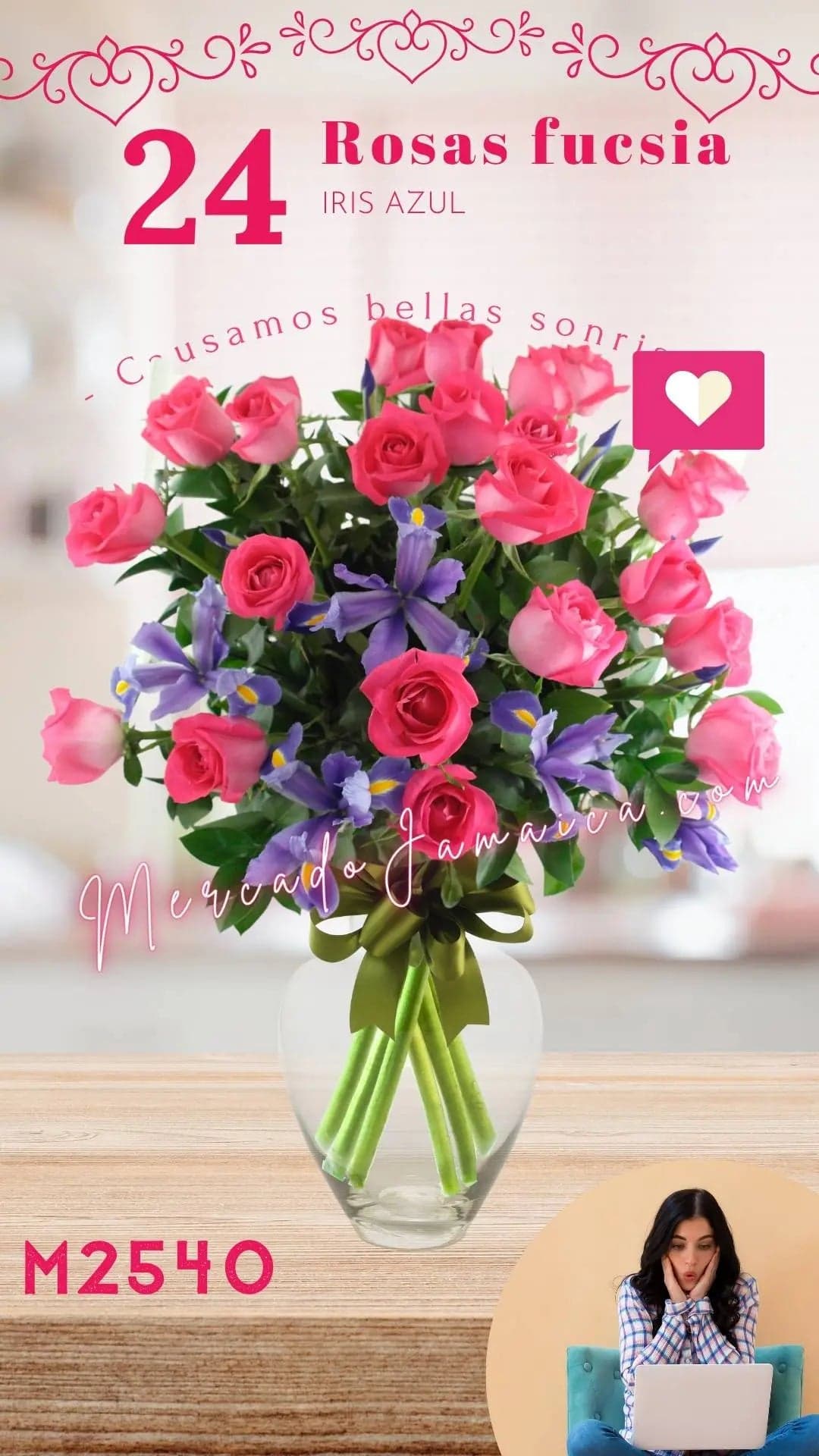 24 Rosas Fucsia con Iris Azul en Florero CDMX