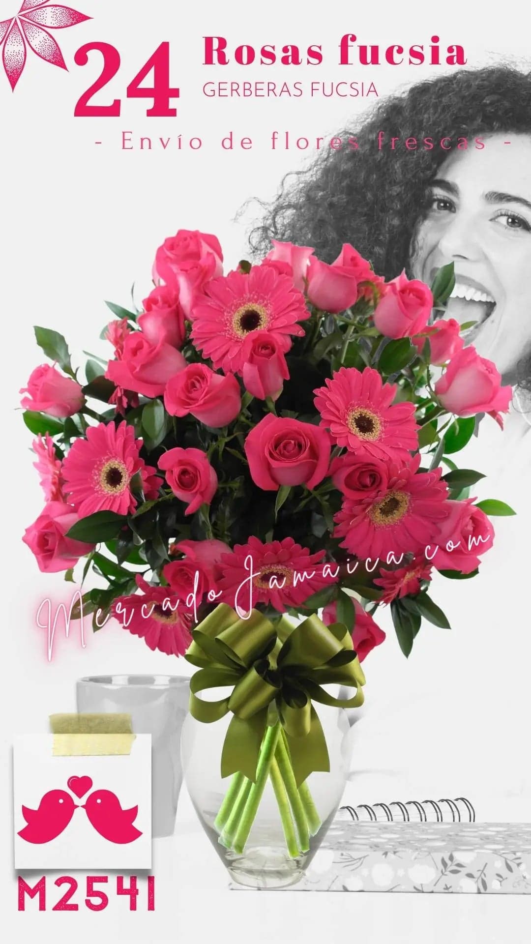 24 Rosas y 10 Gerberas Fucsia en Florero CDMX