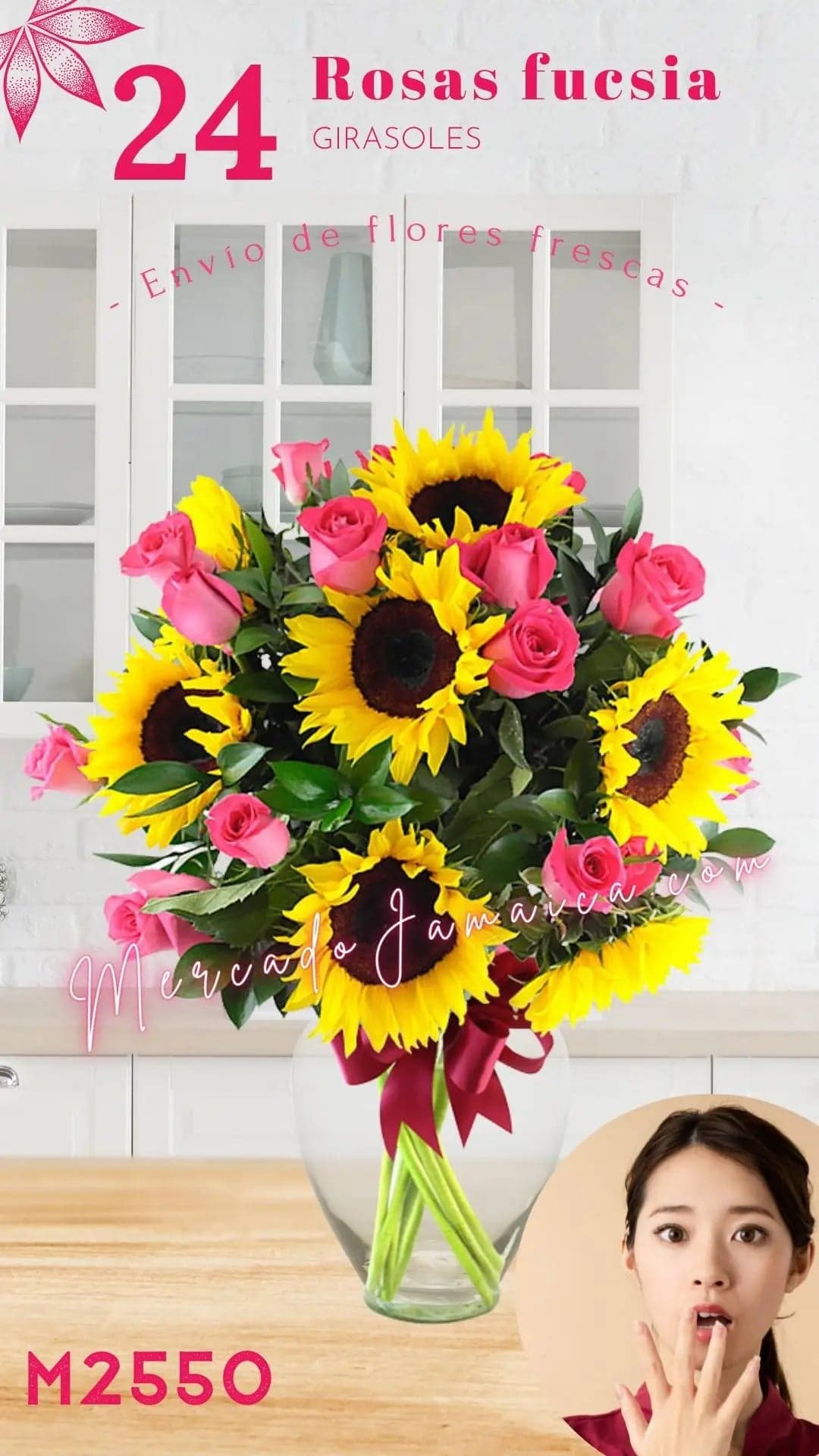 24 Rosas Fucsia con Girasoles en CDMX