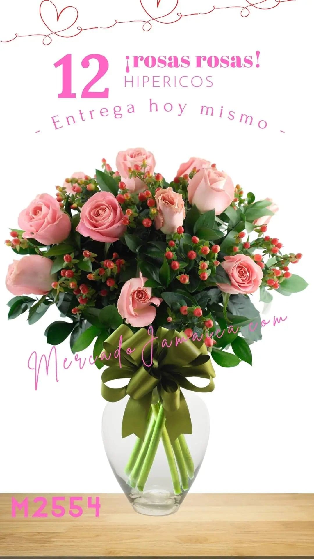 12 Rosas Rosa con Hipérico en Florero CDMX