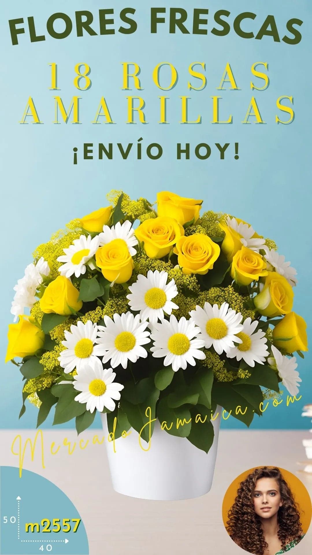 18 Rosas Amarillas y Margaritas en Florero CDMX