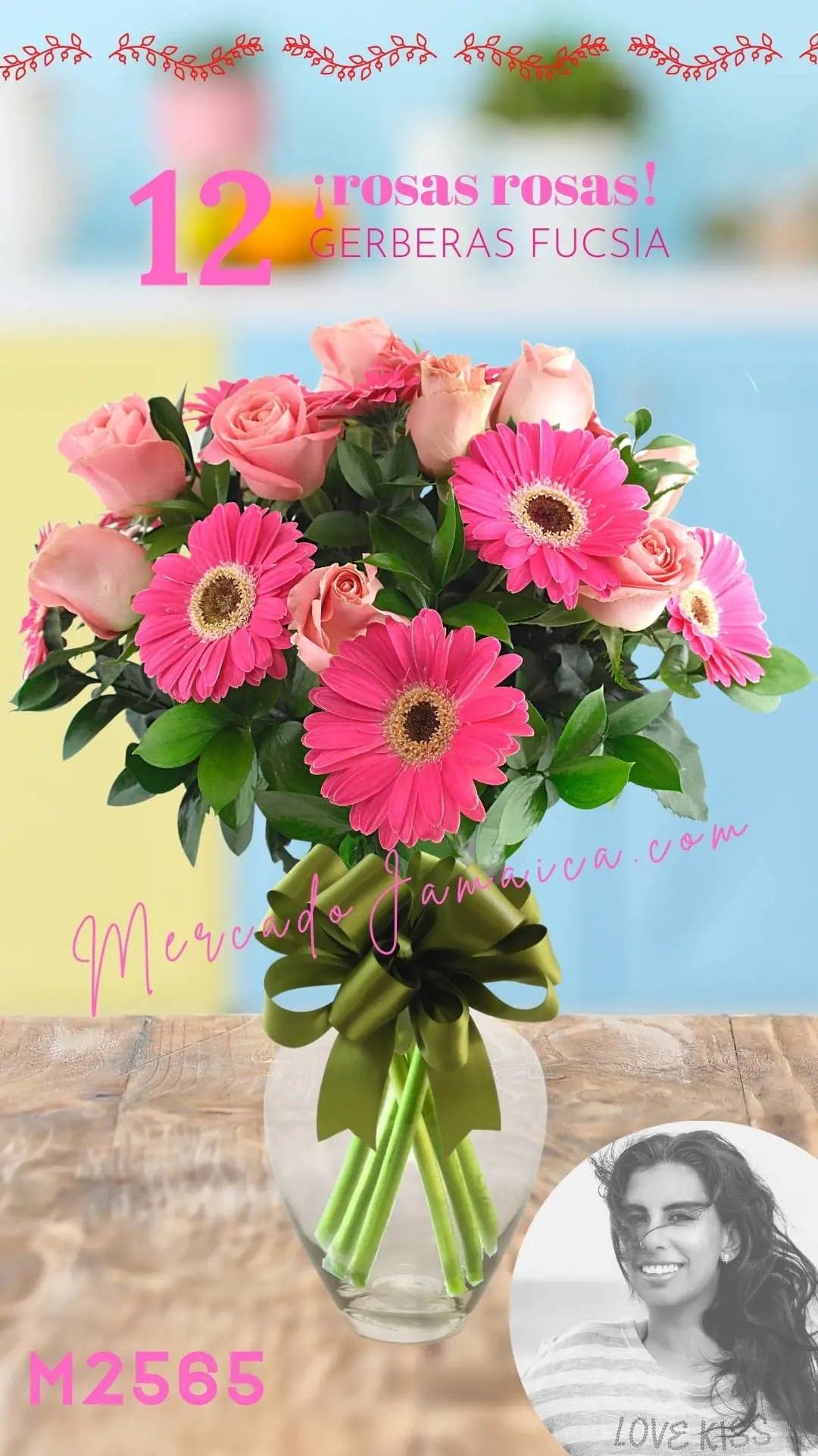 12 Rosas Rosa y Gerberas Fucsia en Florero CDMX