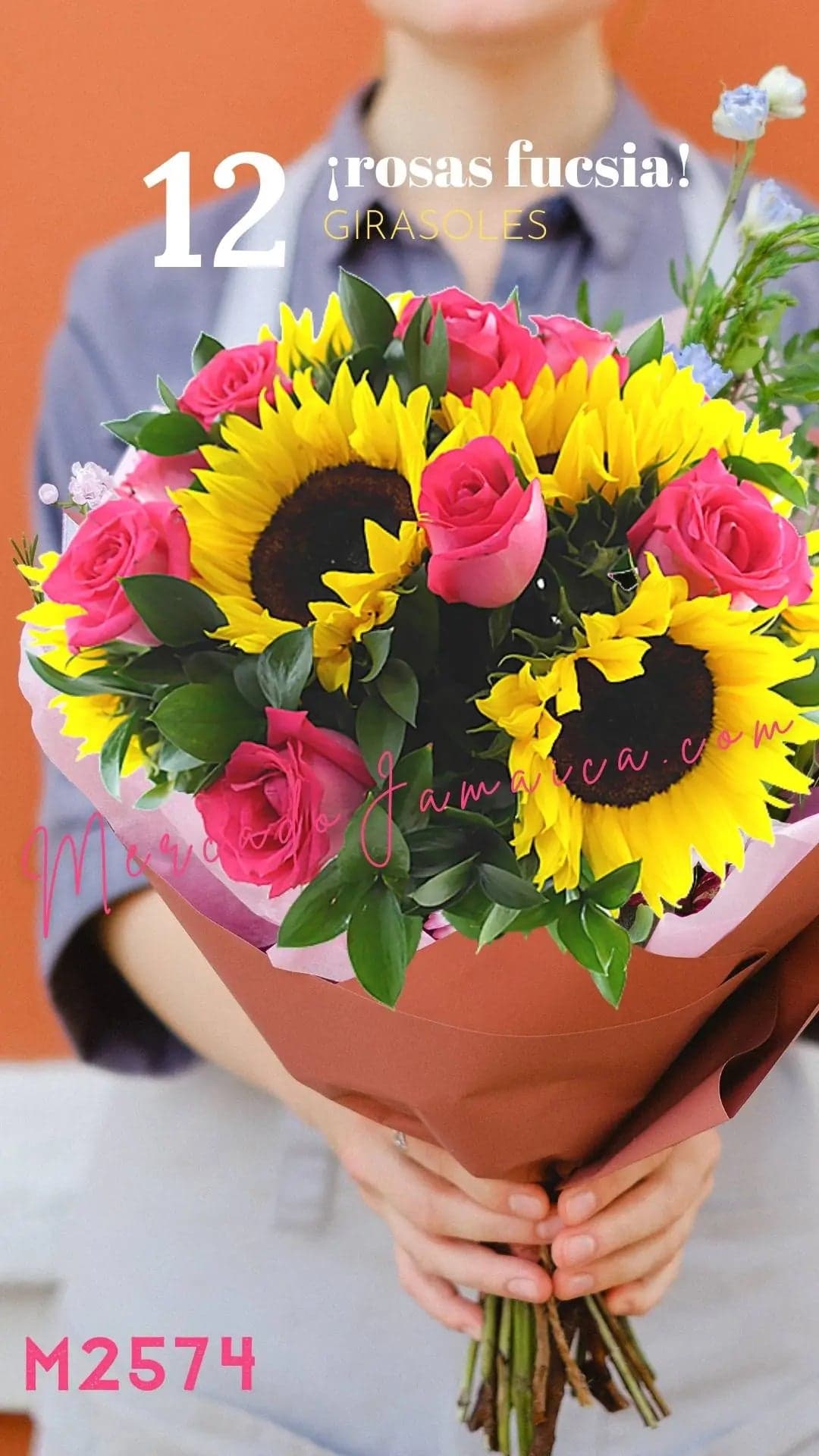 12 Rosas Fucsia con Girasoles en Florero CDMX