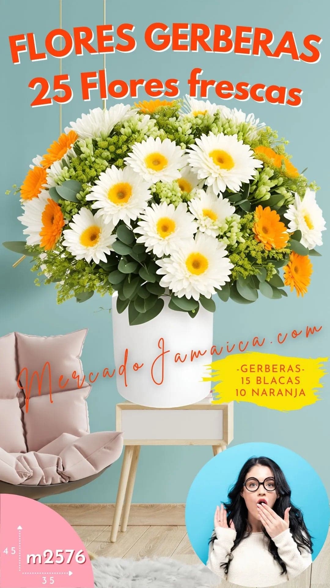 25 Gerberas Blanco Naranja con Hortensias CDMX