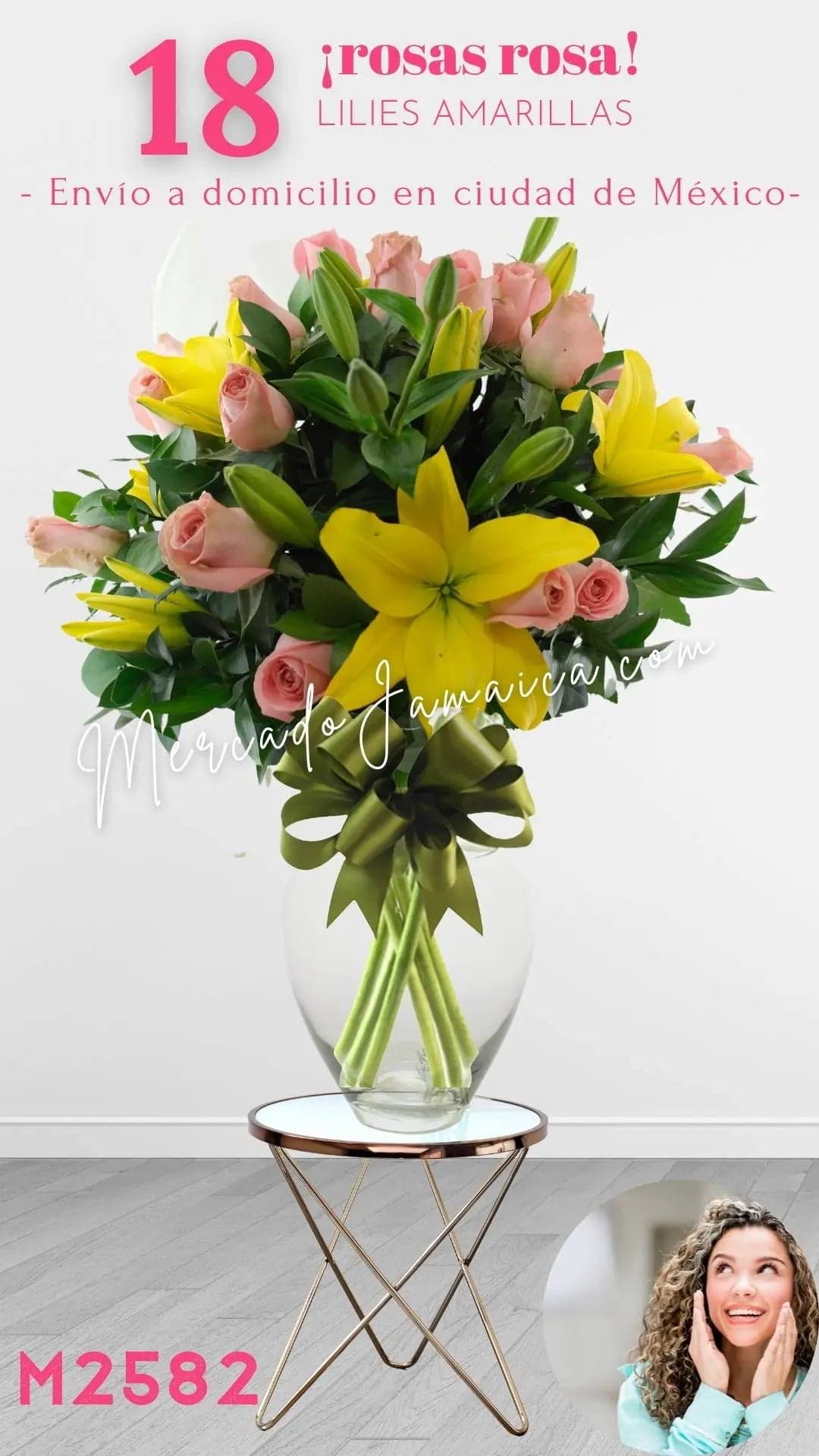 18 Rosas Rosa con Lilies Amarillas en CDMX