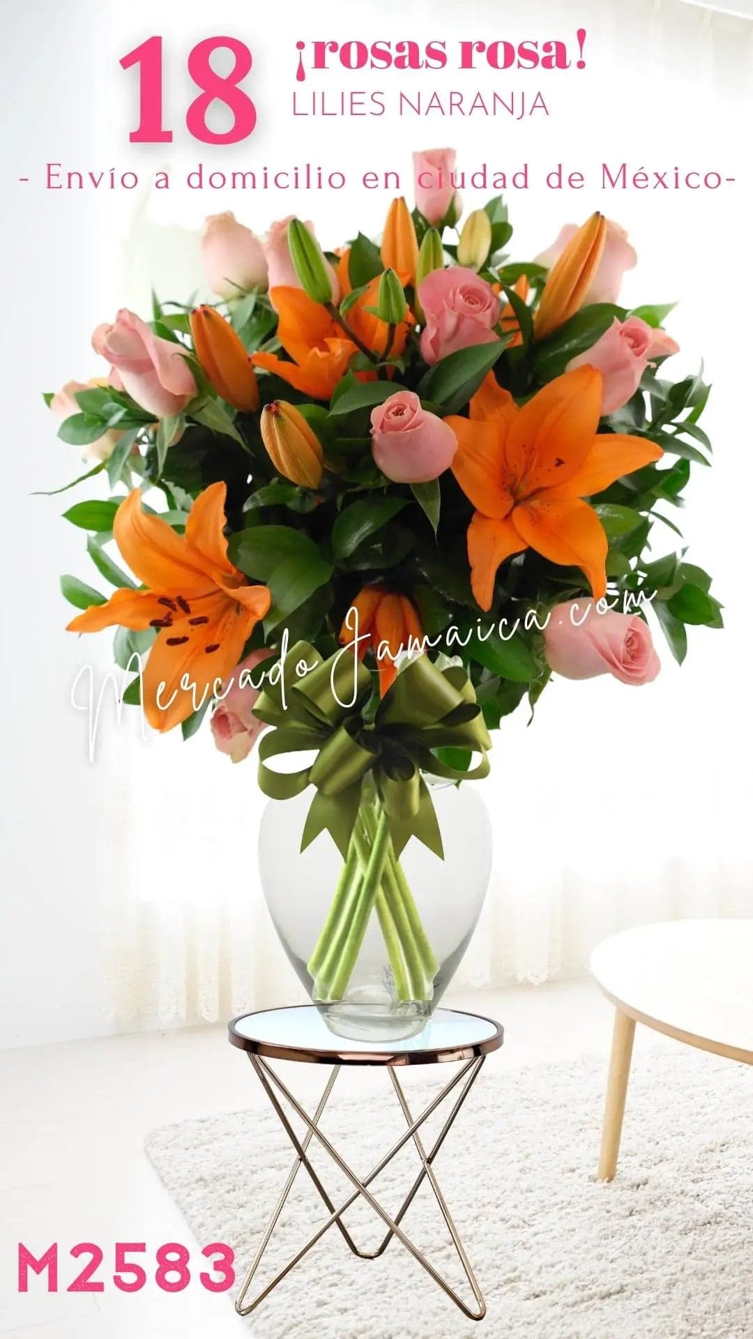 18 Rosas Rosa con Lilies Naranja en Florero CDMX