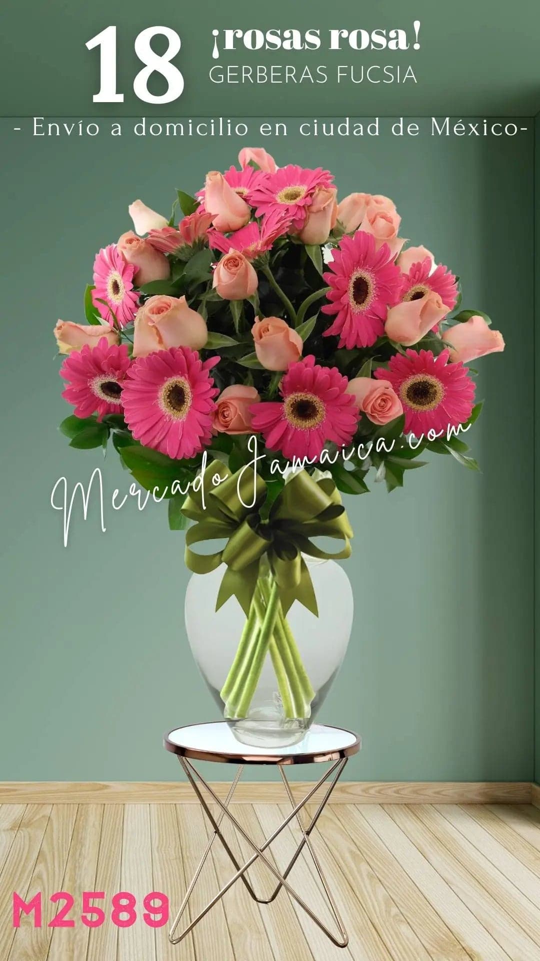 18 Rosas Rosa y 10 Gerberas Fucsia en Florero CDMX