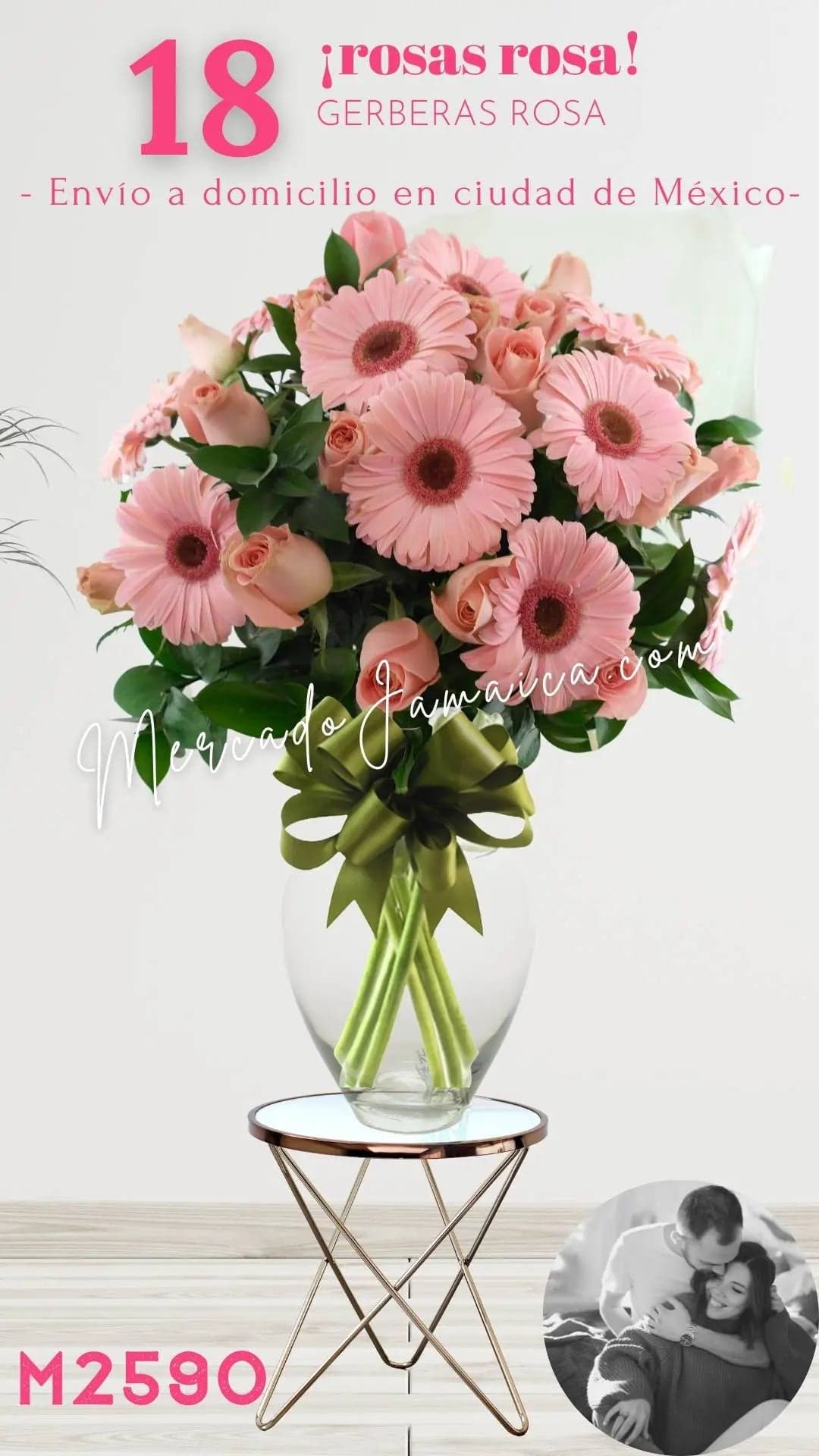 18 Rosas y Gerberas Rosa en Florero | CDMX