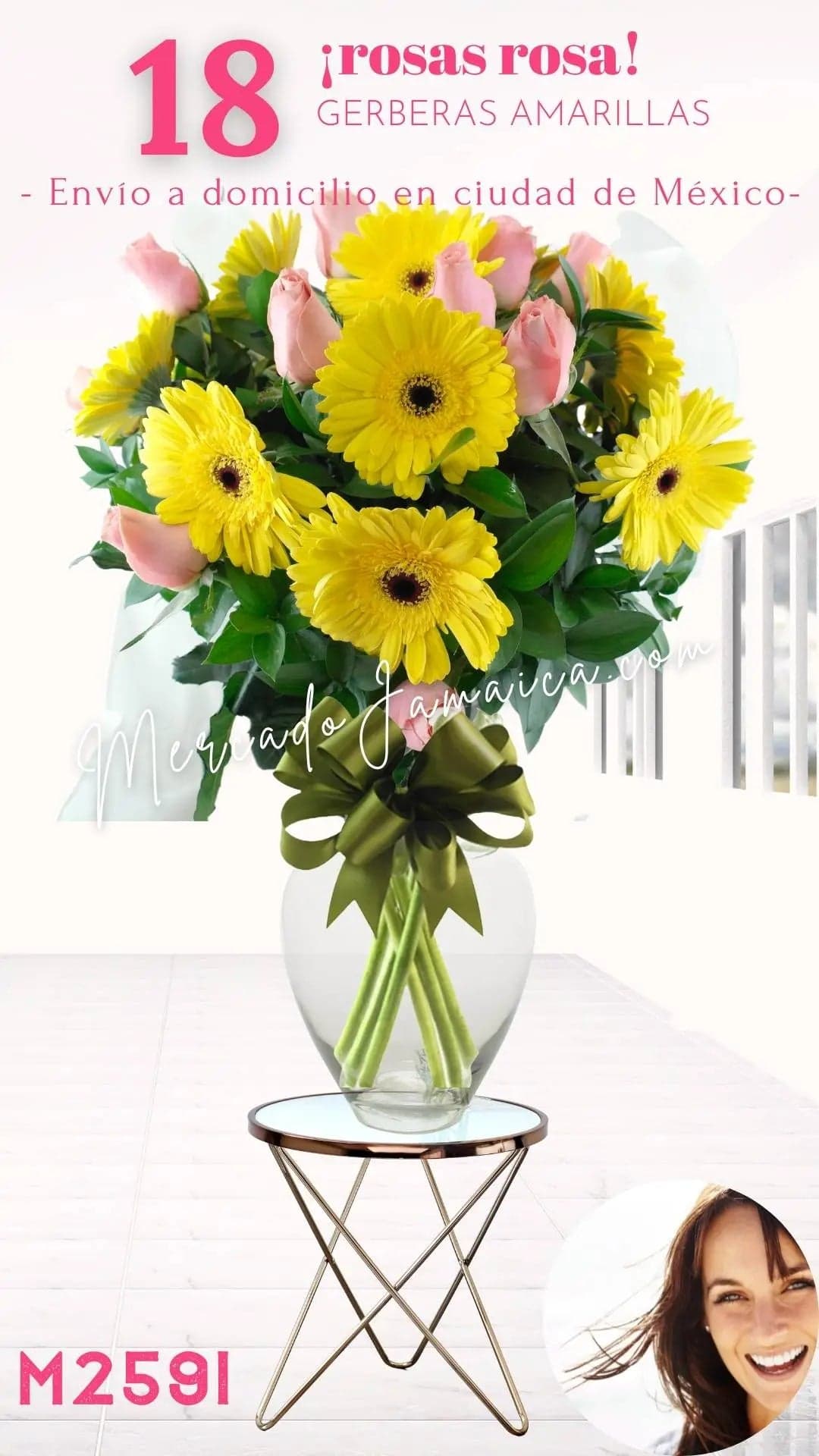 18 Rosas Rosa y Gerberas Amarillas en Florero CDMX