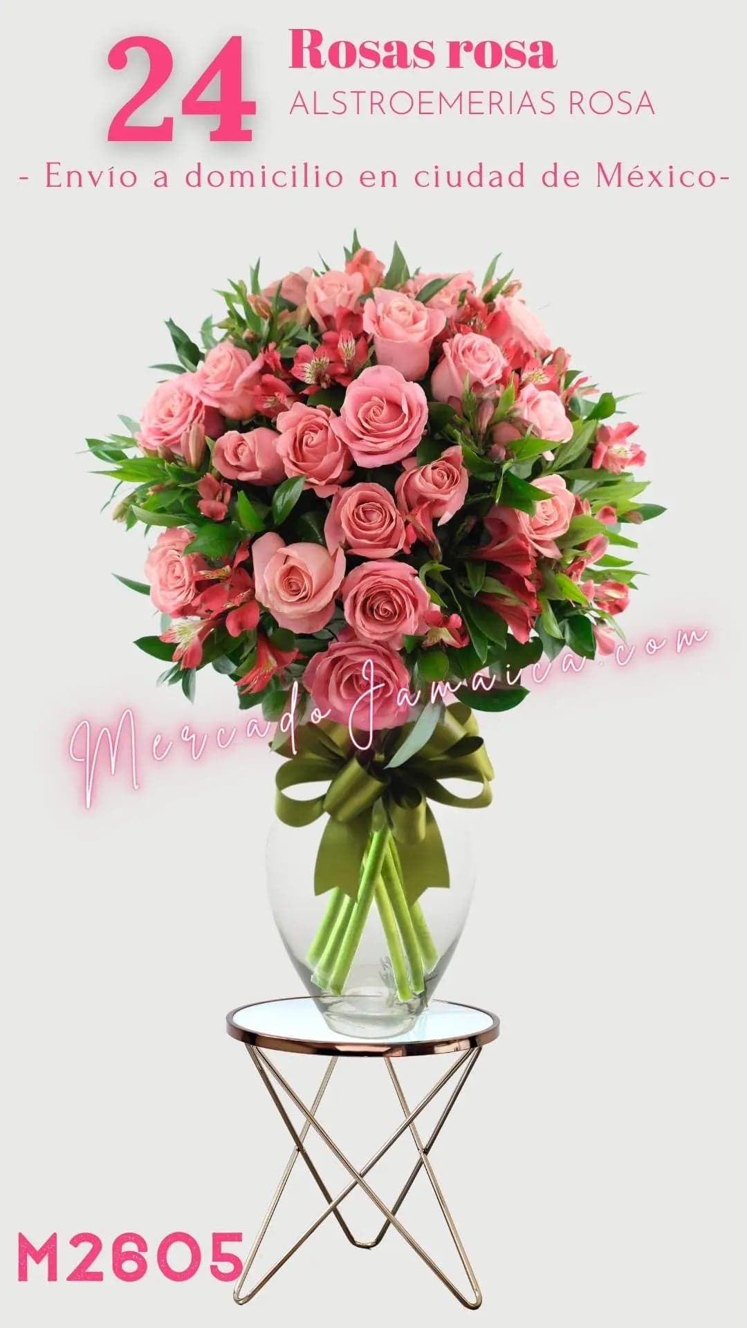24 Rosas y Alstroemerias Rosa en Florero CDMX