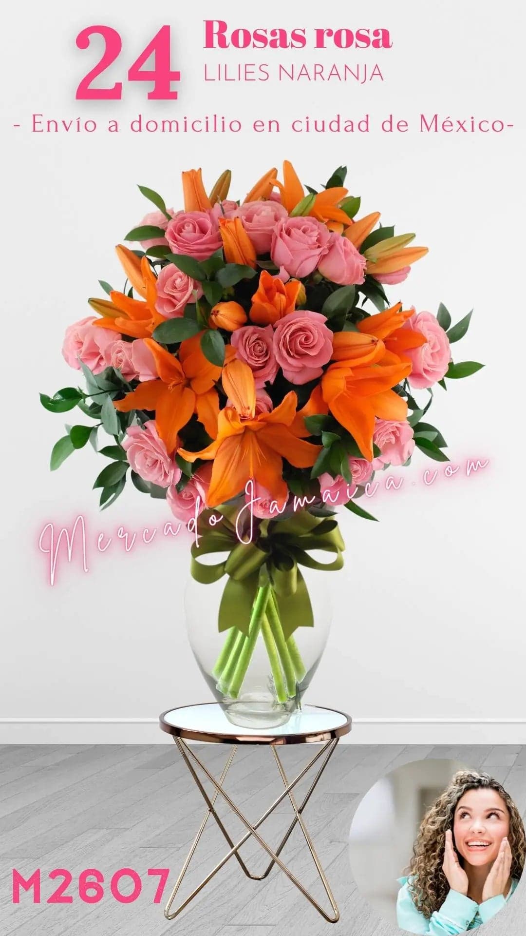 24 Rosas Rosa y Lilies Naranja en Florero CDMX