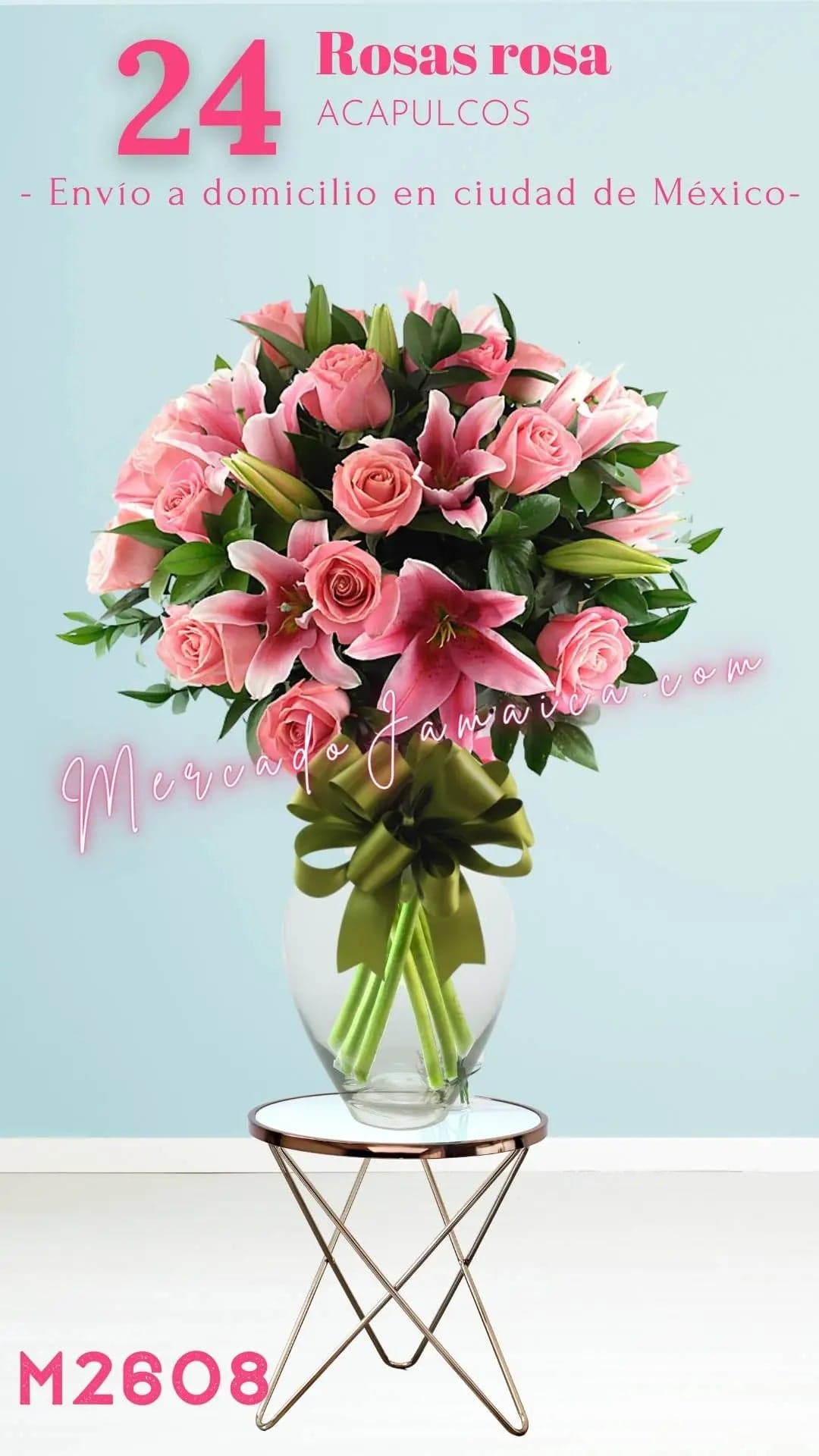24 Rosas Rosas con Acapulcos en Florero CDMX