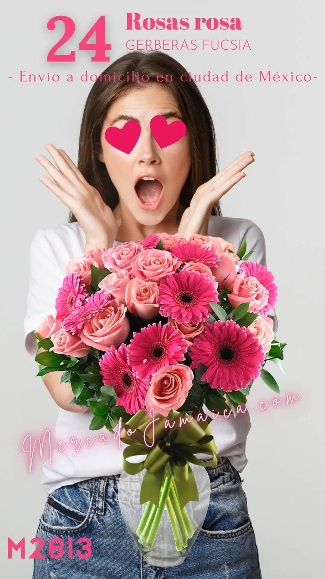 24 Rosas Rosa y Gerberas Fucsia en Florero CDMX