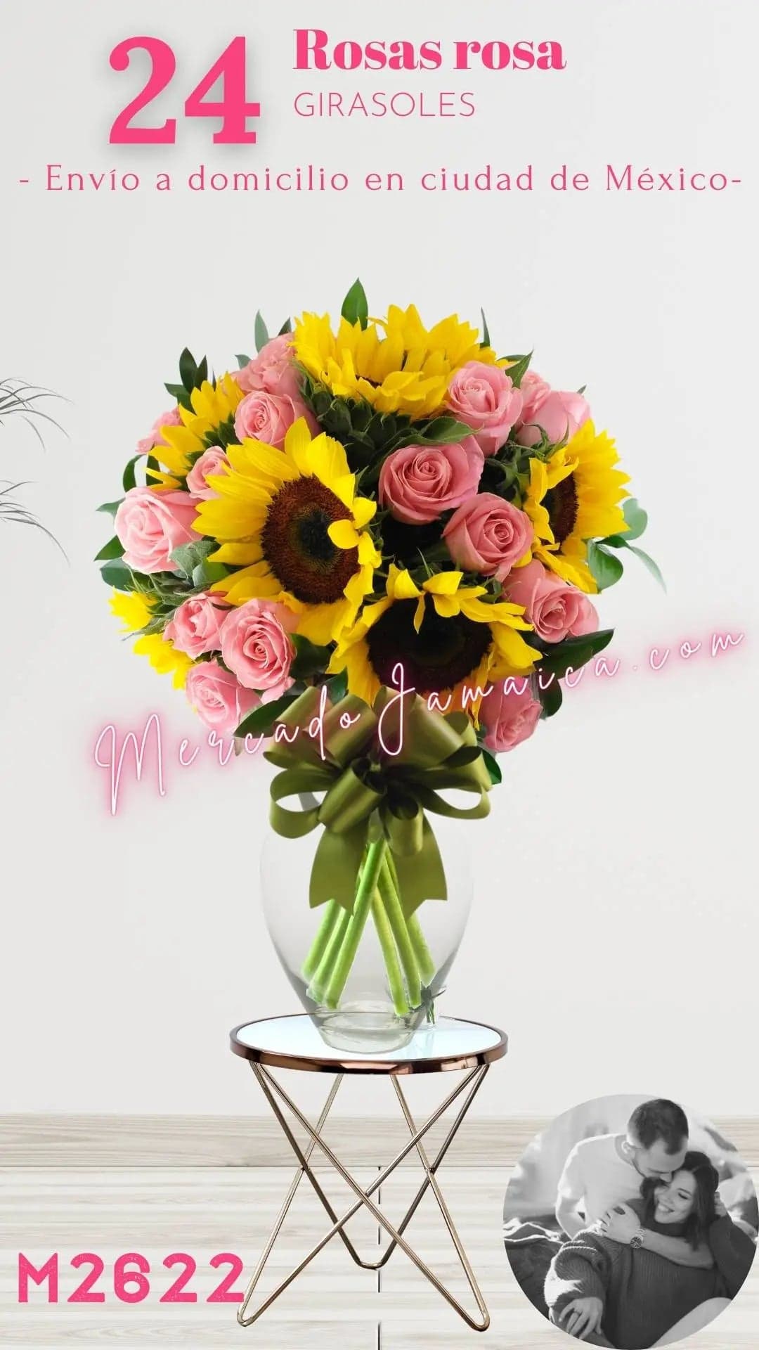 24 Rosas Rosa con Girasoles en Florero CDMX