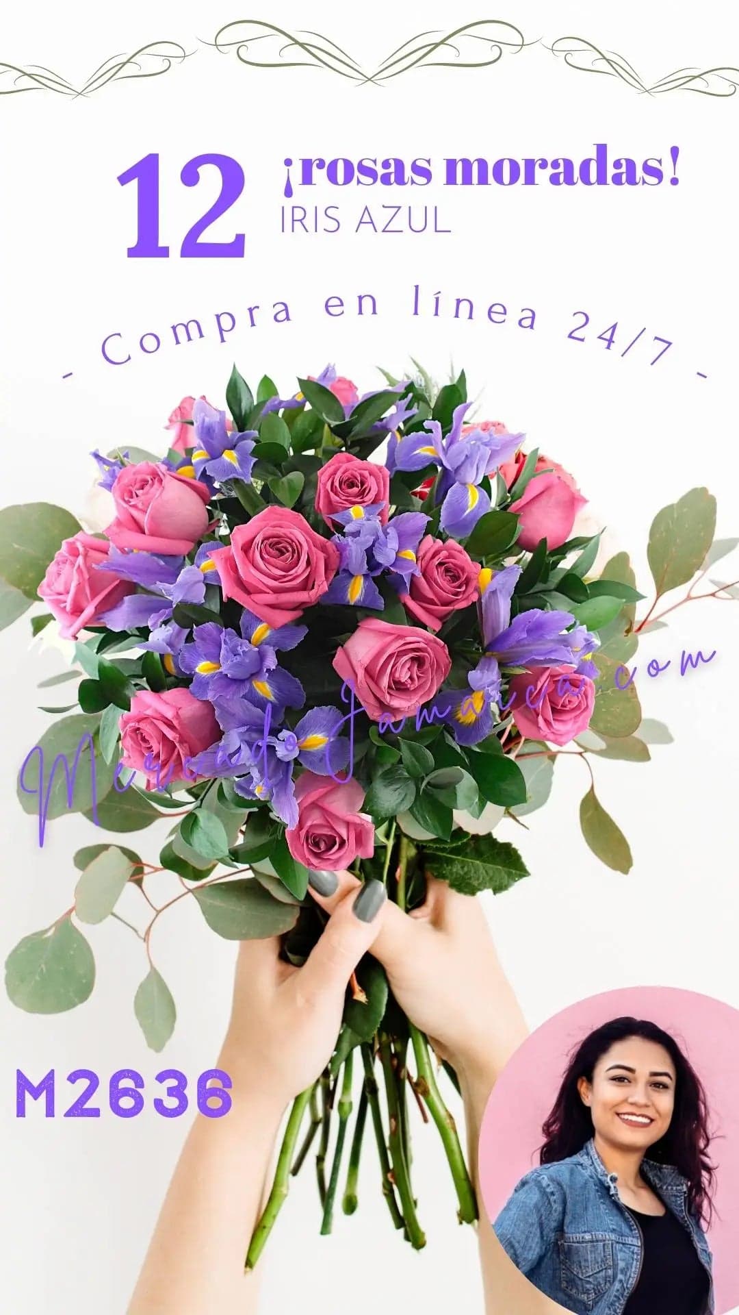 12 Rosas Moradas con Iris Azul en Florero CDMX