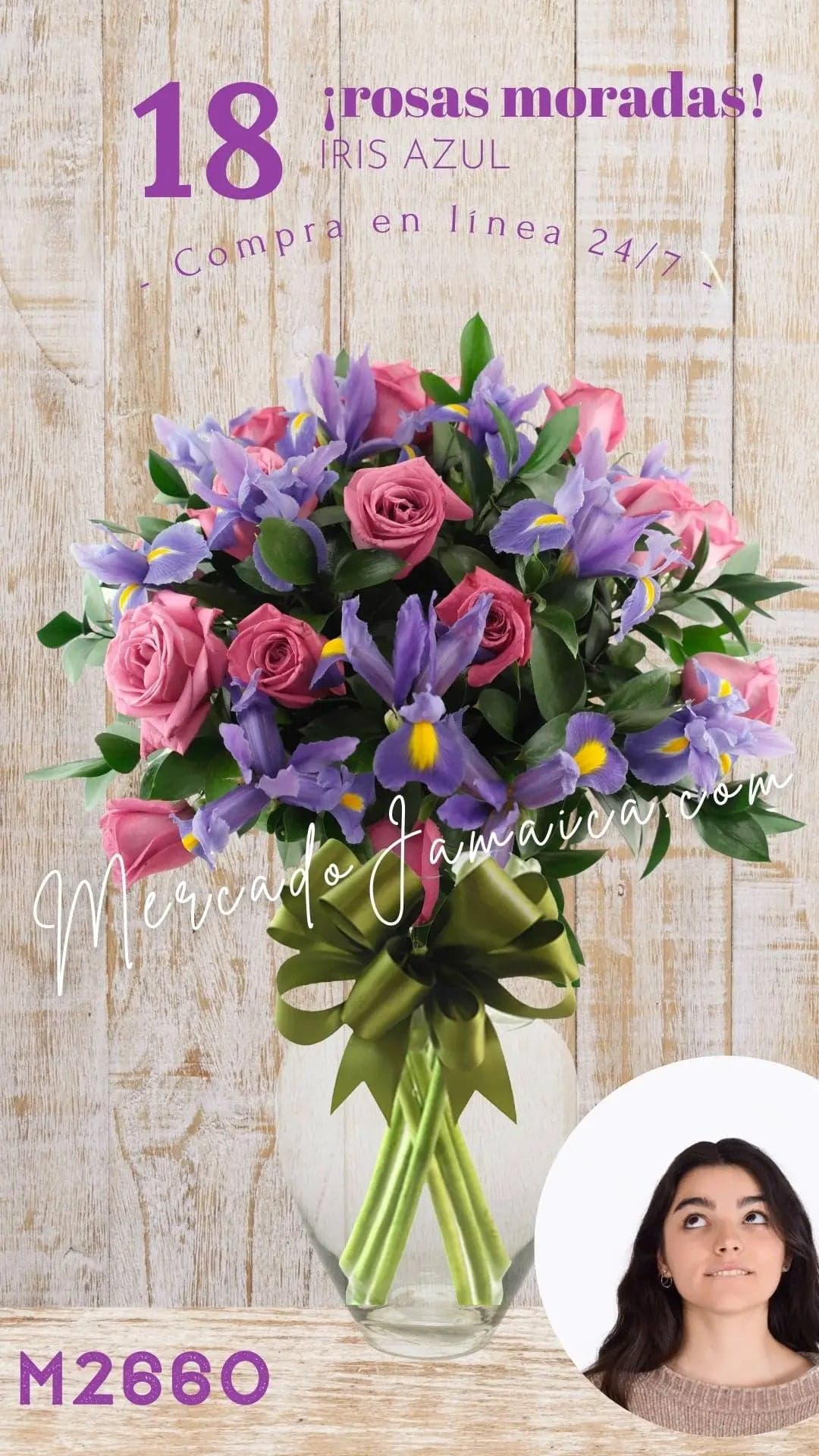 18 Rosas Moradas con Iris Azul en Florero CDMX