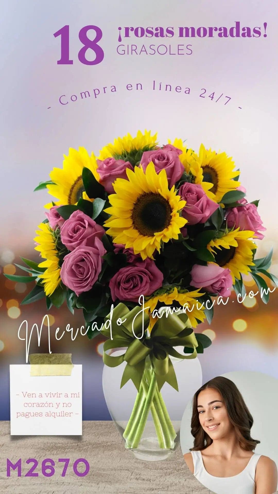 18 Rosas Moradas con Girasoles en CDMX
