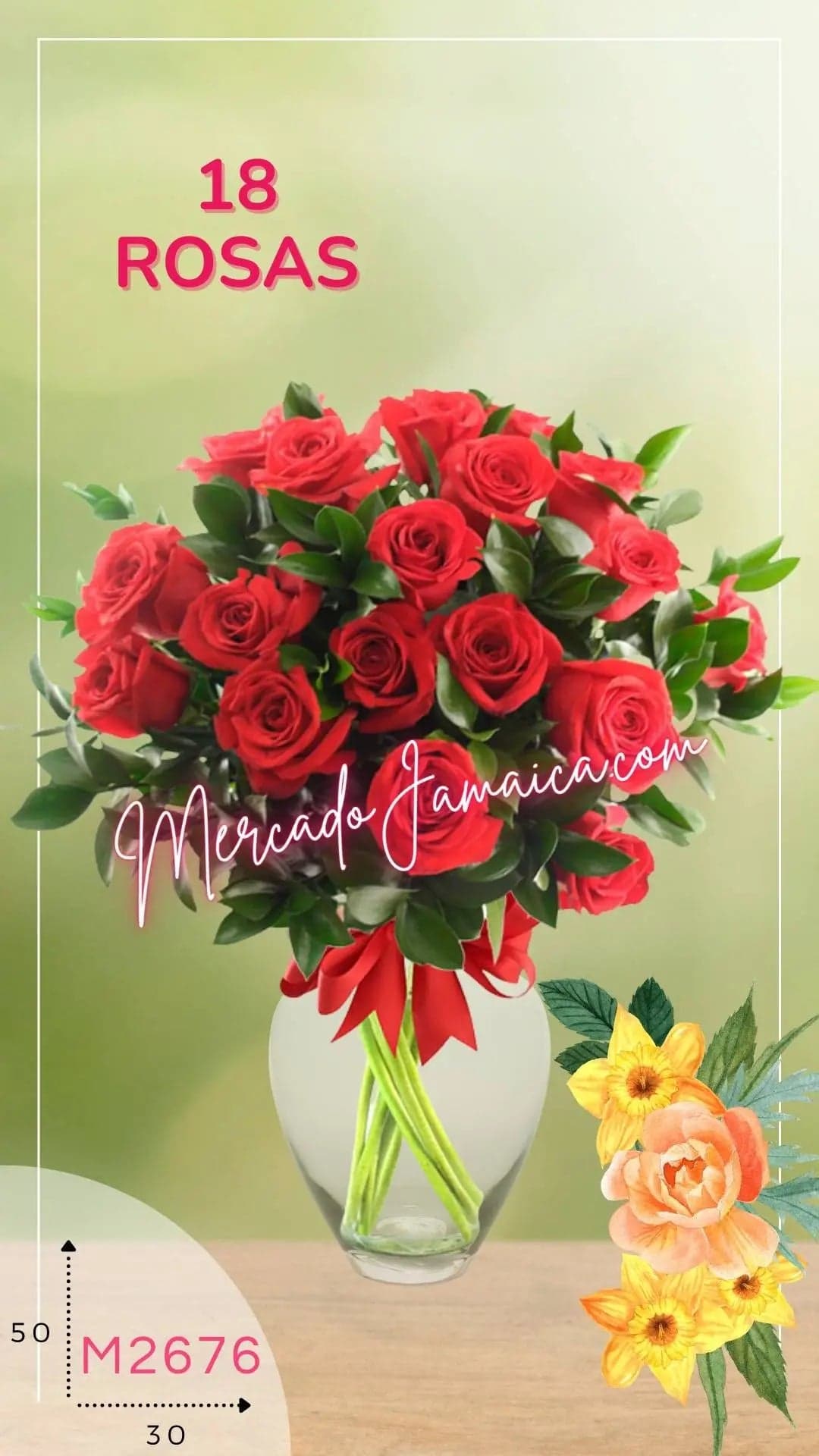18 Rosas Rojas en Florero | Entrega CDMX