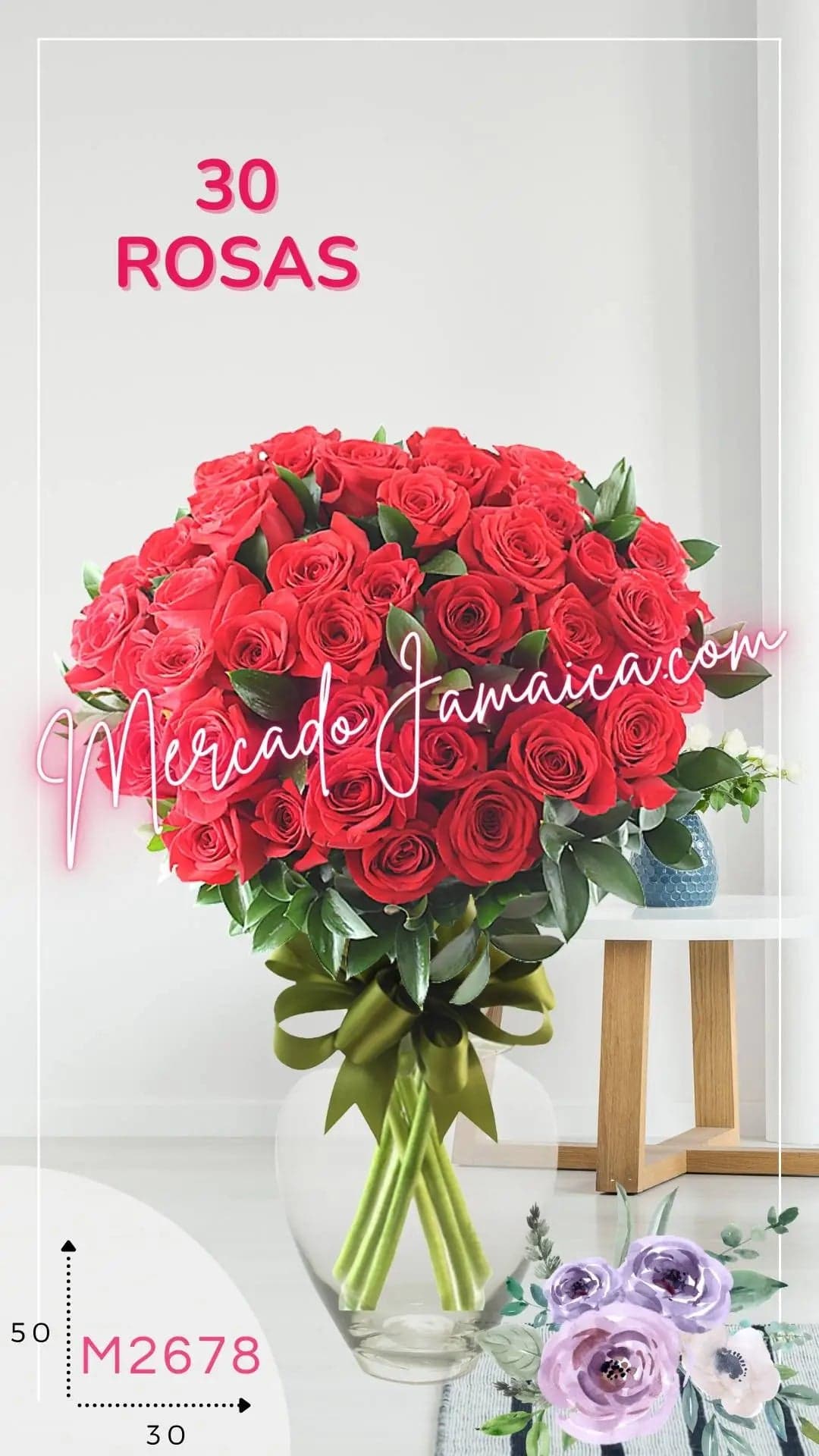 30 Rosas Rojas en Florero | Entrega CDMX