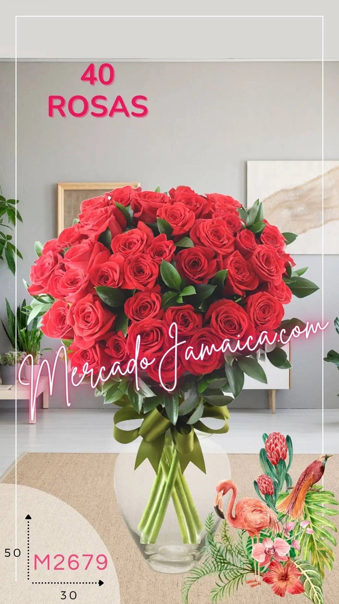 40 Rosas Rojas en Florero | Entrega CDMX