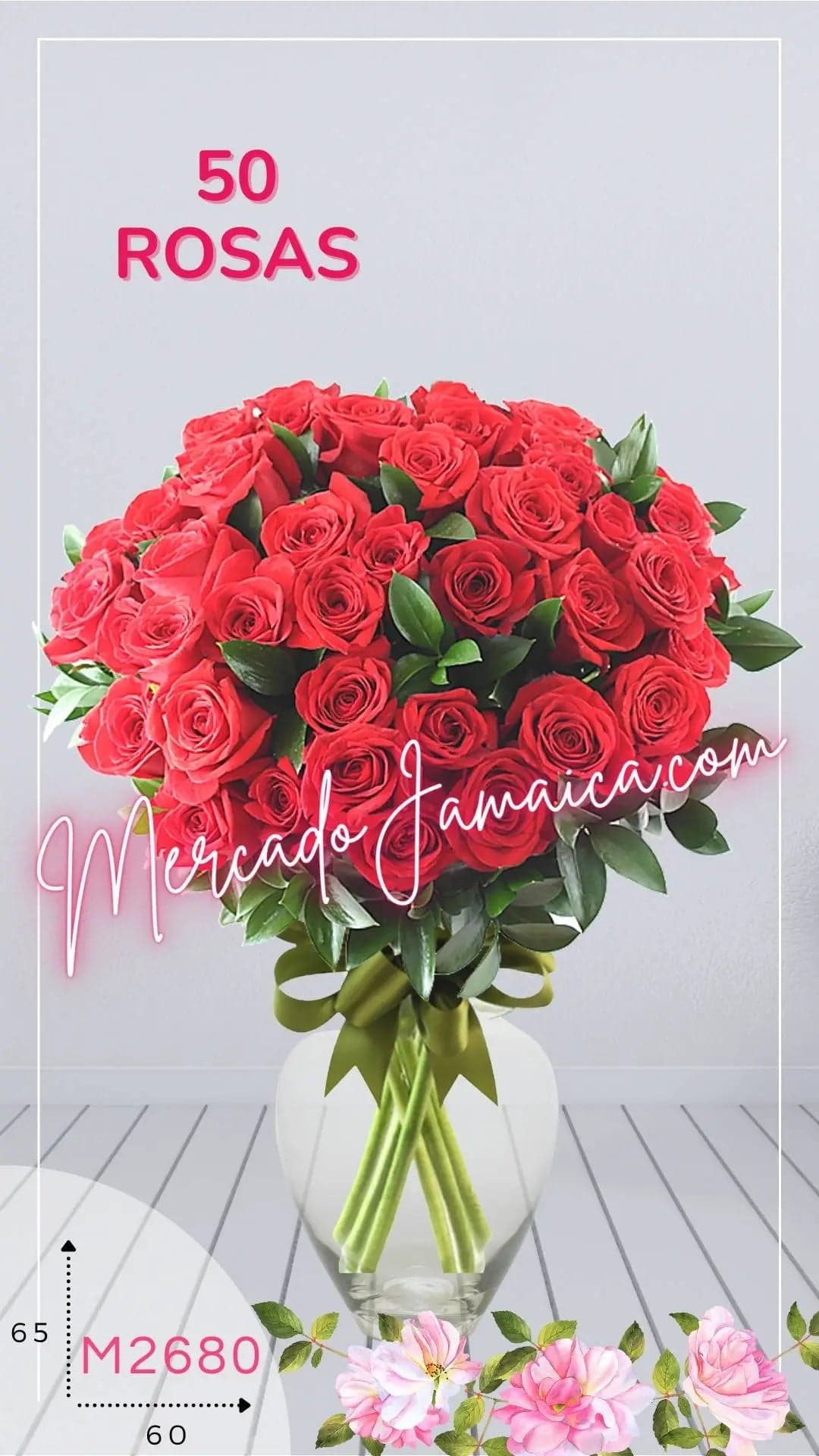 50 Rosas Rojas en Florero | Entrega CDMX