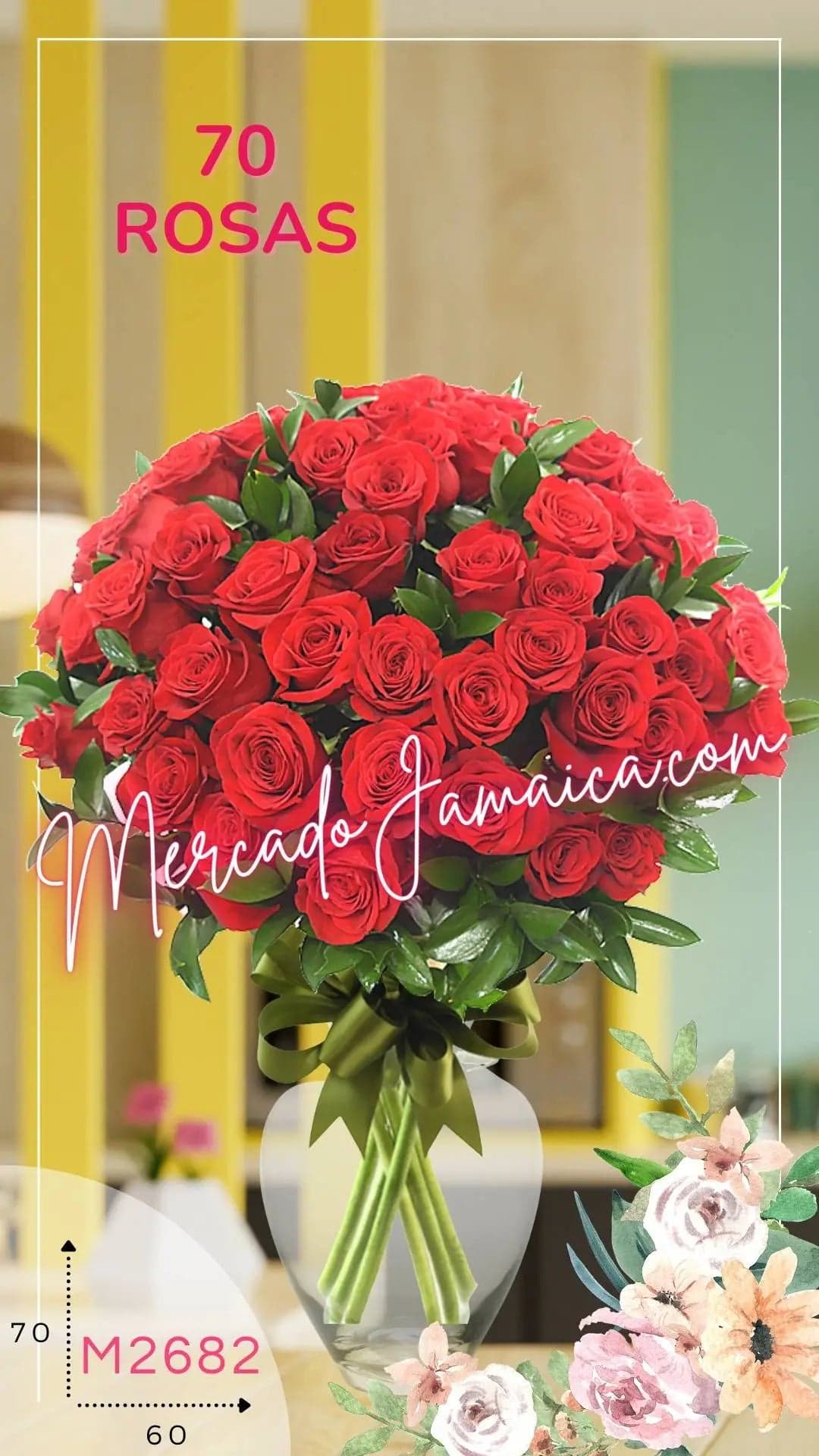 70 Rosas Rojas en Florero | Entrega CDMX