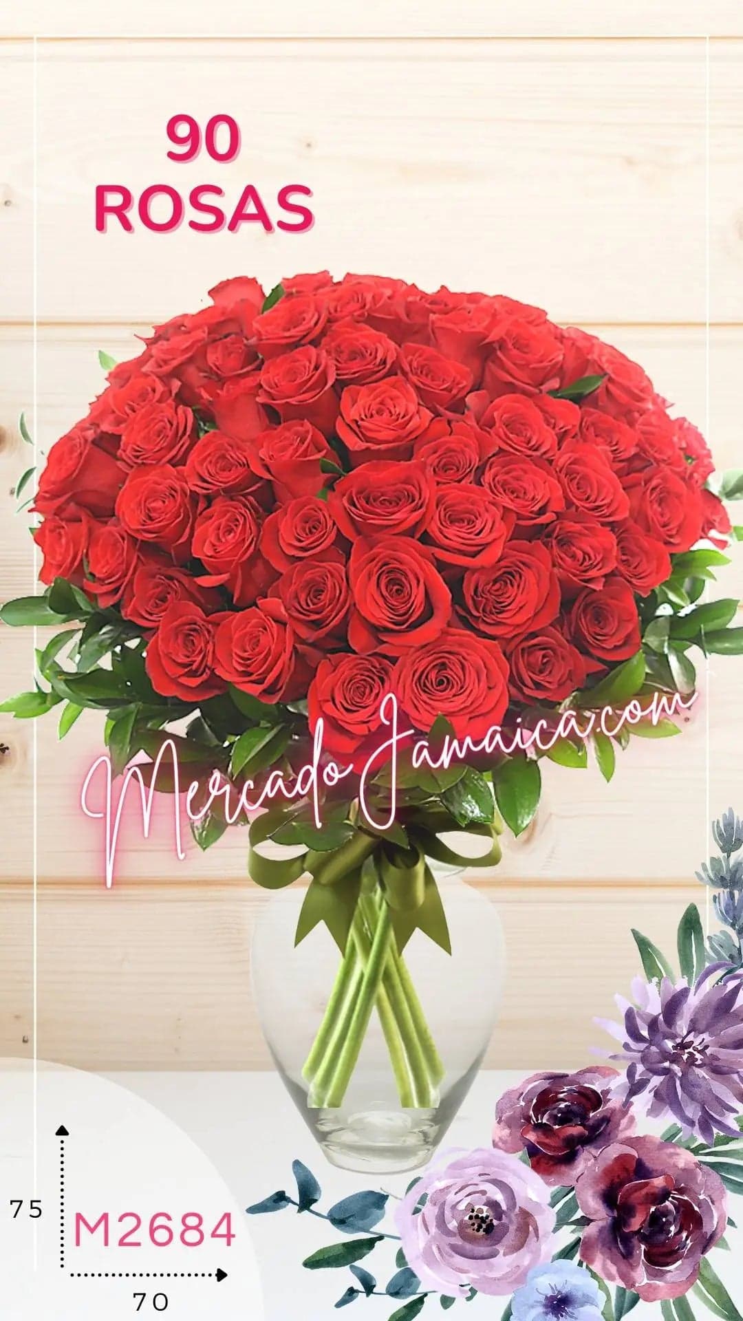 90 Rosas Rojas en Florero | Entrega CDMX