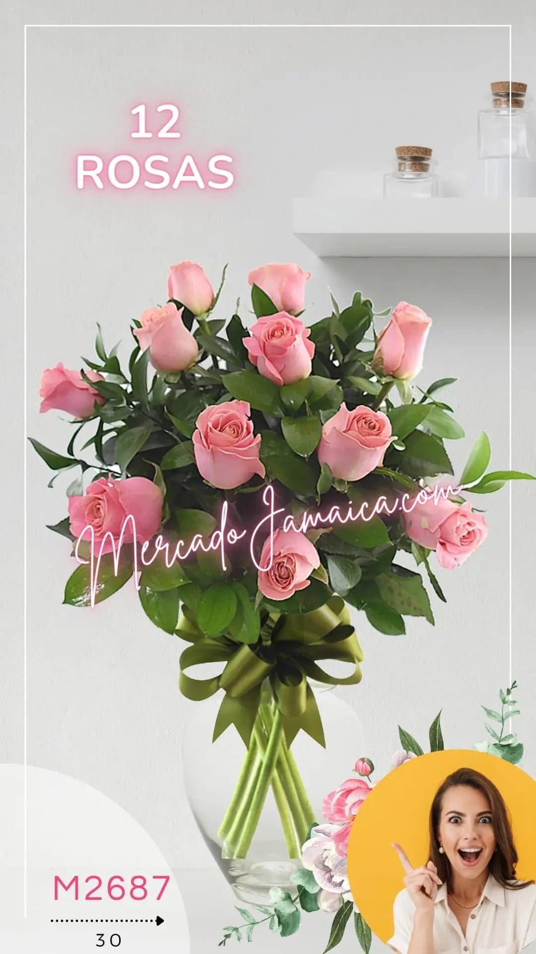 Arreglo 12 Rosas Rosa en Florero · CDMX
