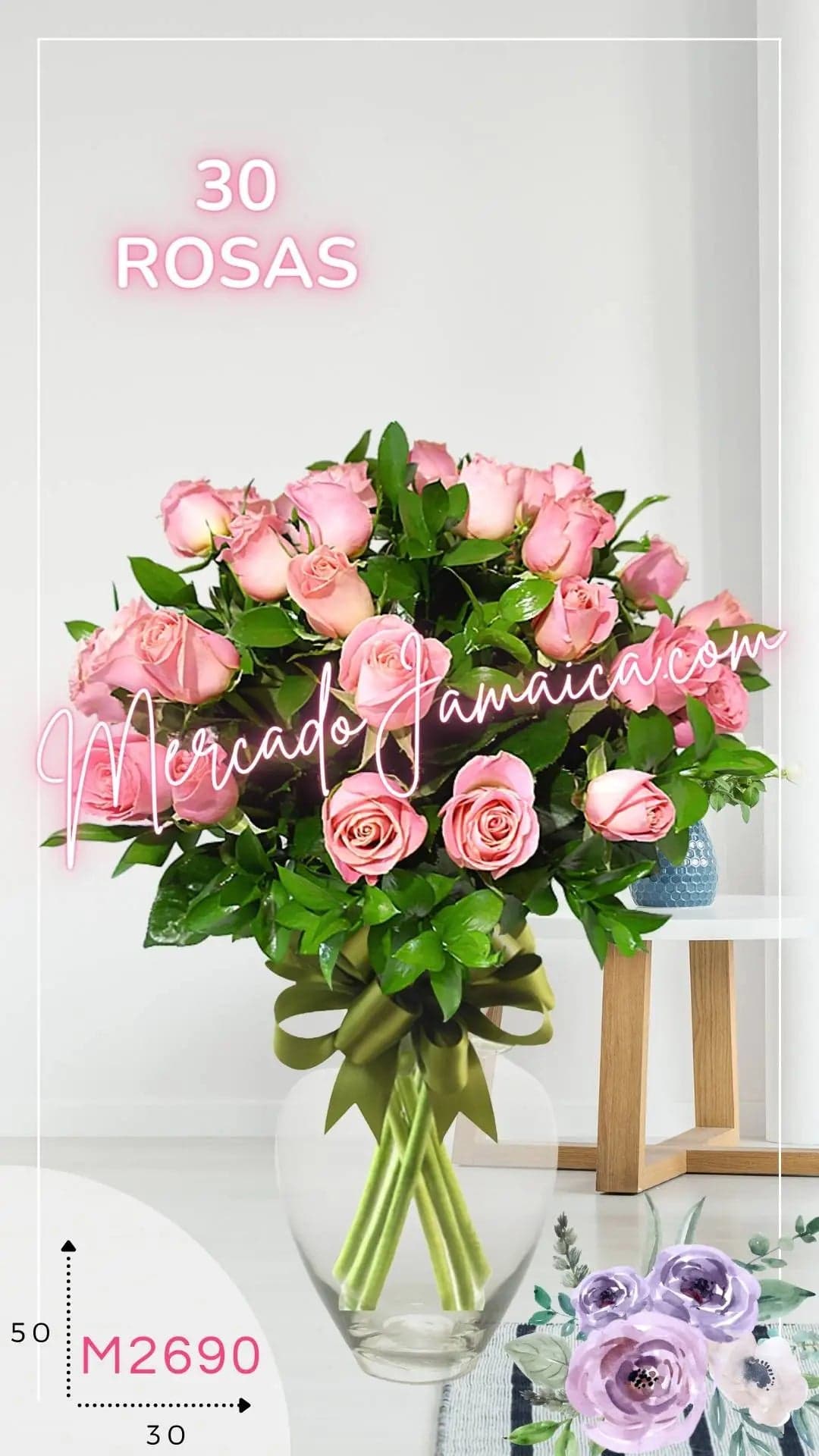 Arreglo 30 Rosas Rosa en Florero · CDMX