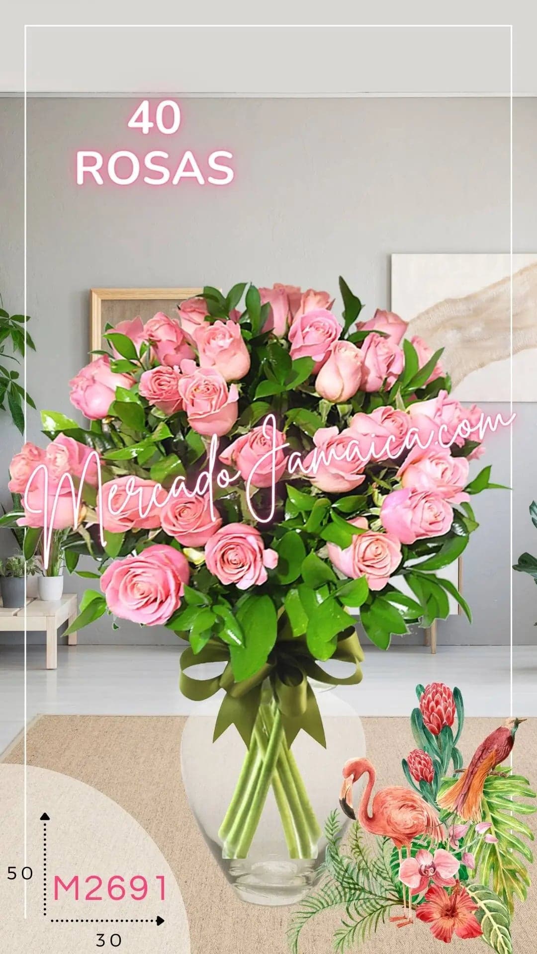 40 Rosas Rosas en Florero · Entrega CDMX