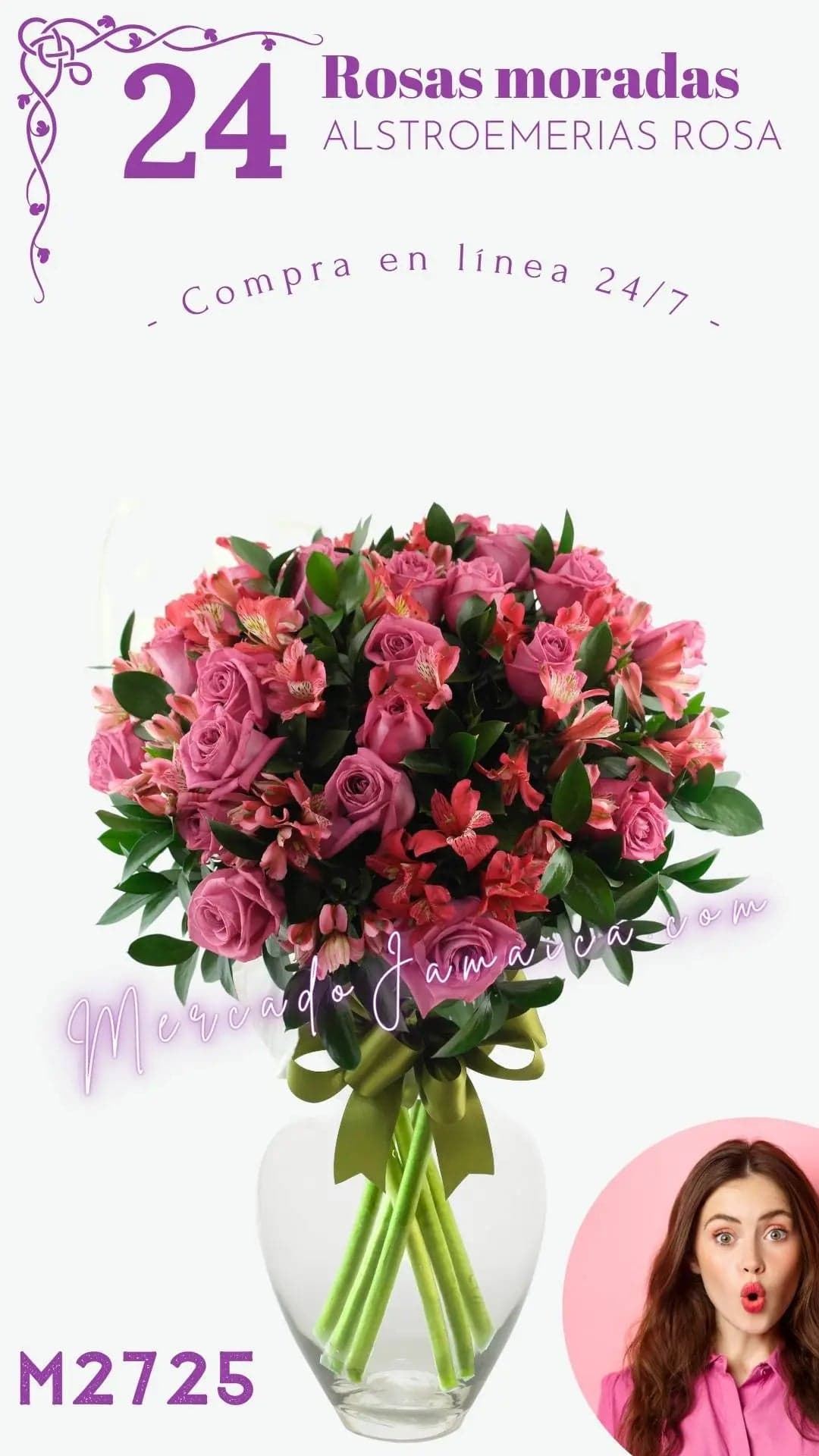 24 Rosas y Alstroemerias Rosa en Florero CDMX