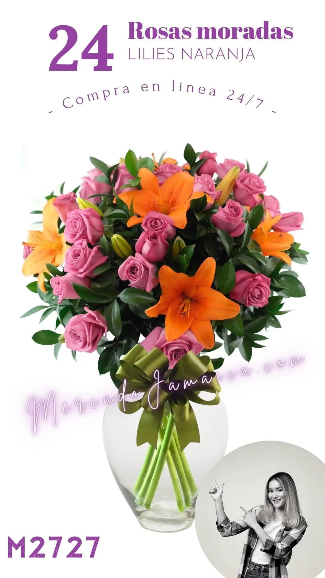 24 Rosas y Lilies Naranja en Florero | CDMX