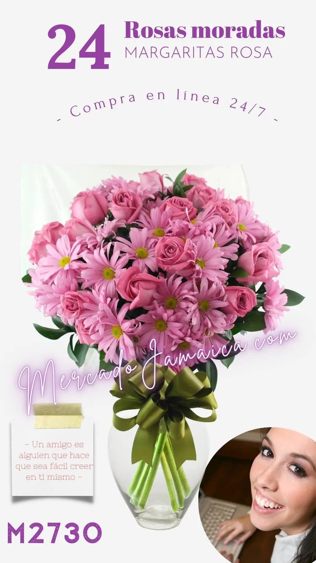 24 Rosas y Margaritas Rosa en Florero | CDMX