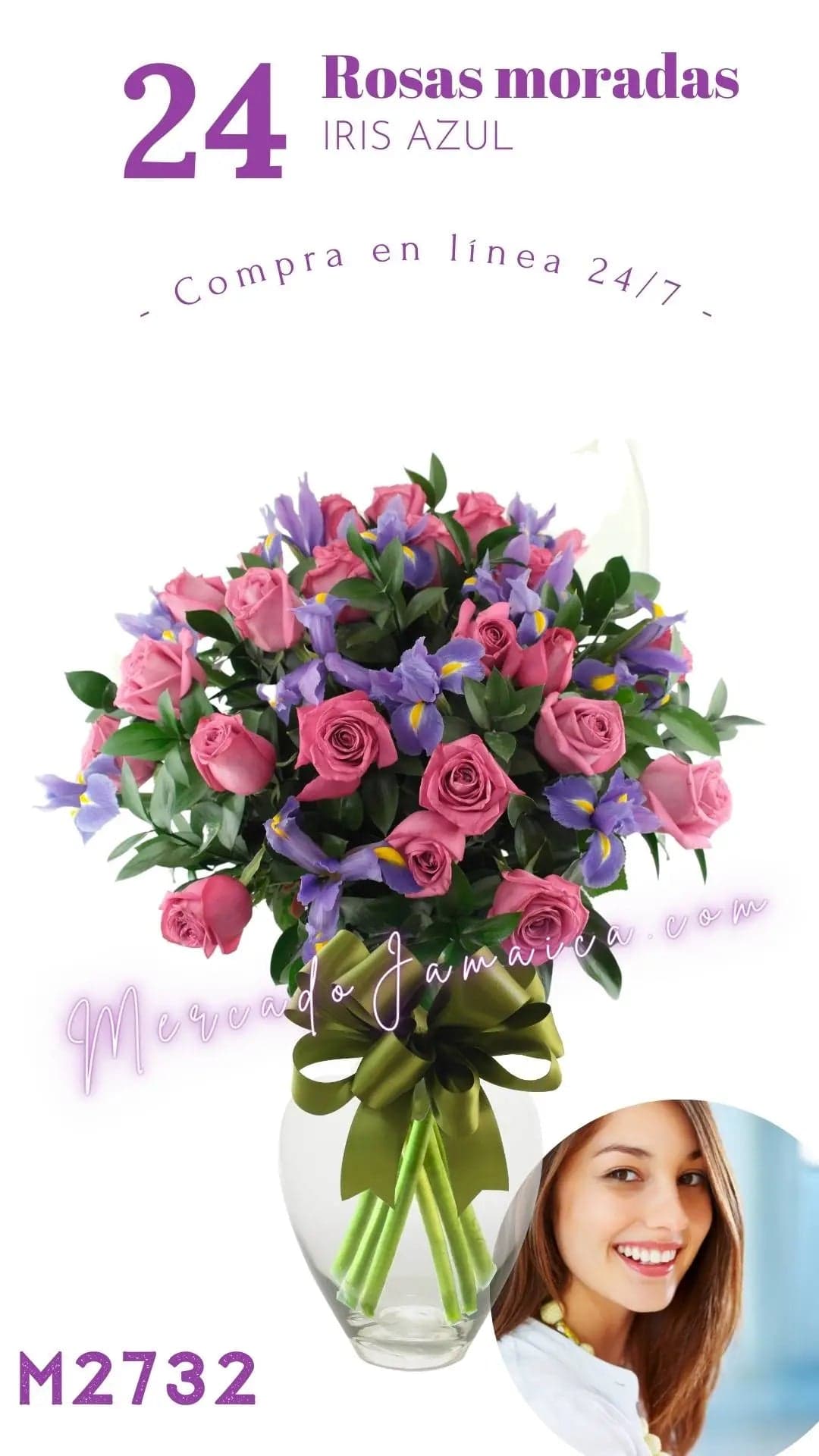 24 Rosas Rosa e Iris Azul en Florero · CDMX