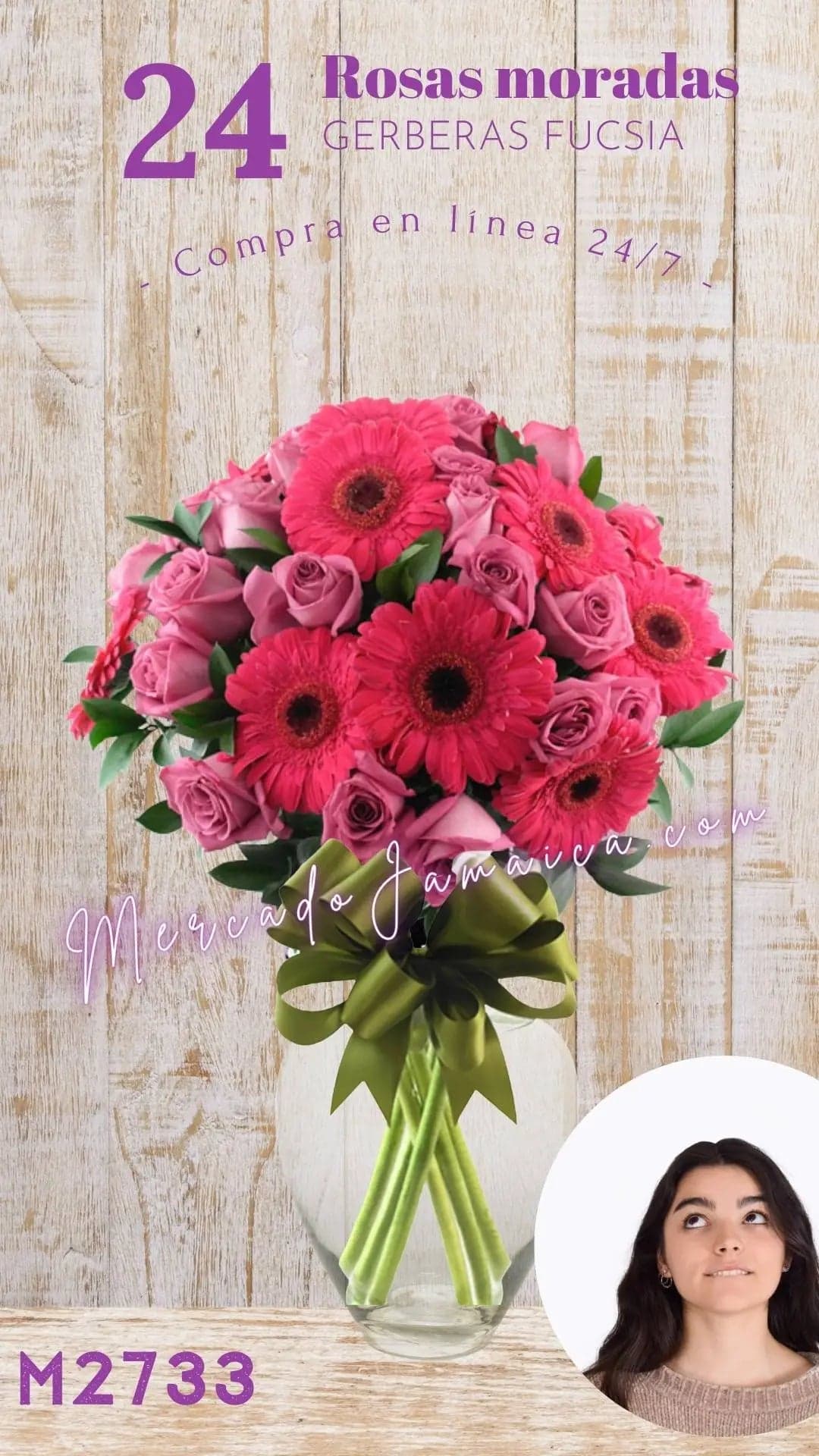 24 Rosas Rosas y Gerberas Fucsia en Florero CDMX